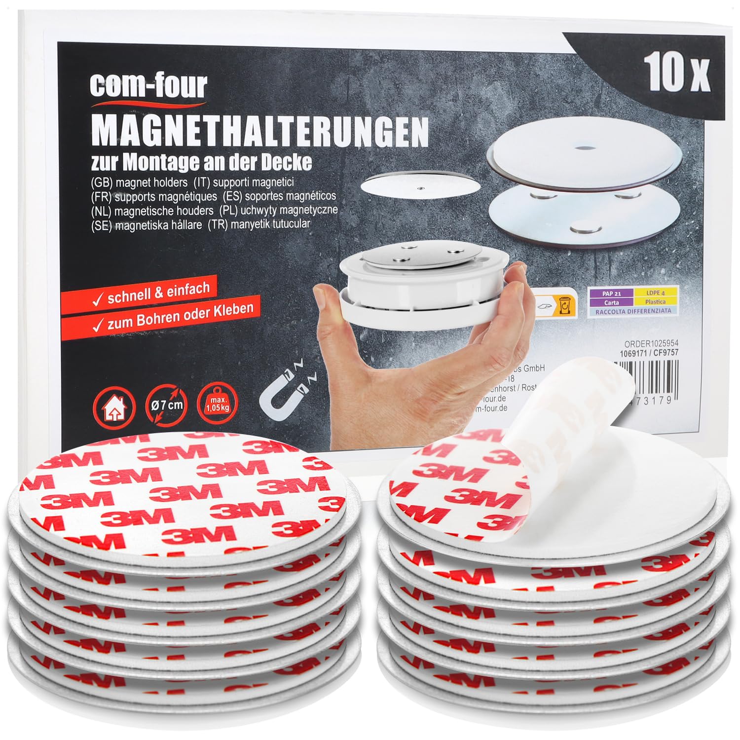 com-four® 10x Magnethalterung für Sicherheitsmelder - Halterung zum Kleben oder Bohren - Befestigung mit extra starken Klebepads für Rauchmelder - magnetische Aufhängung (10 Stück - silberfarben)