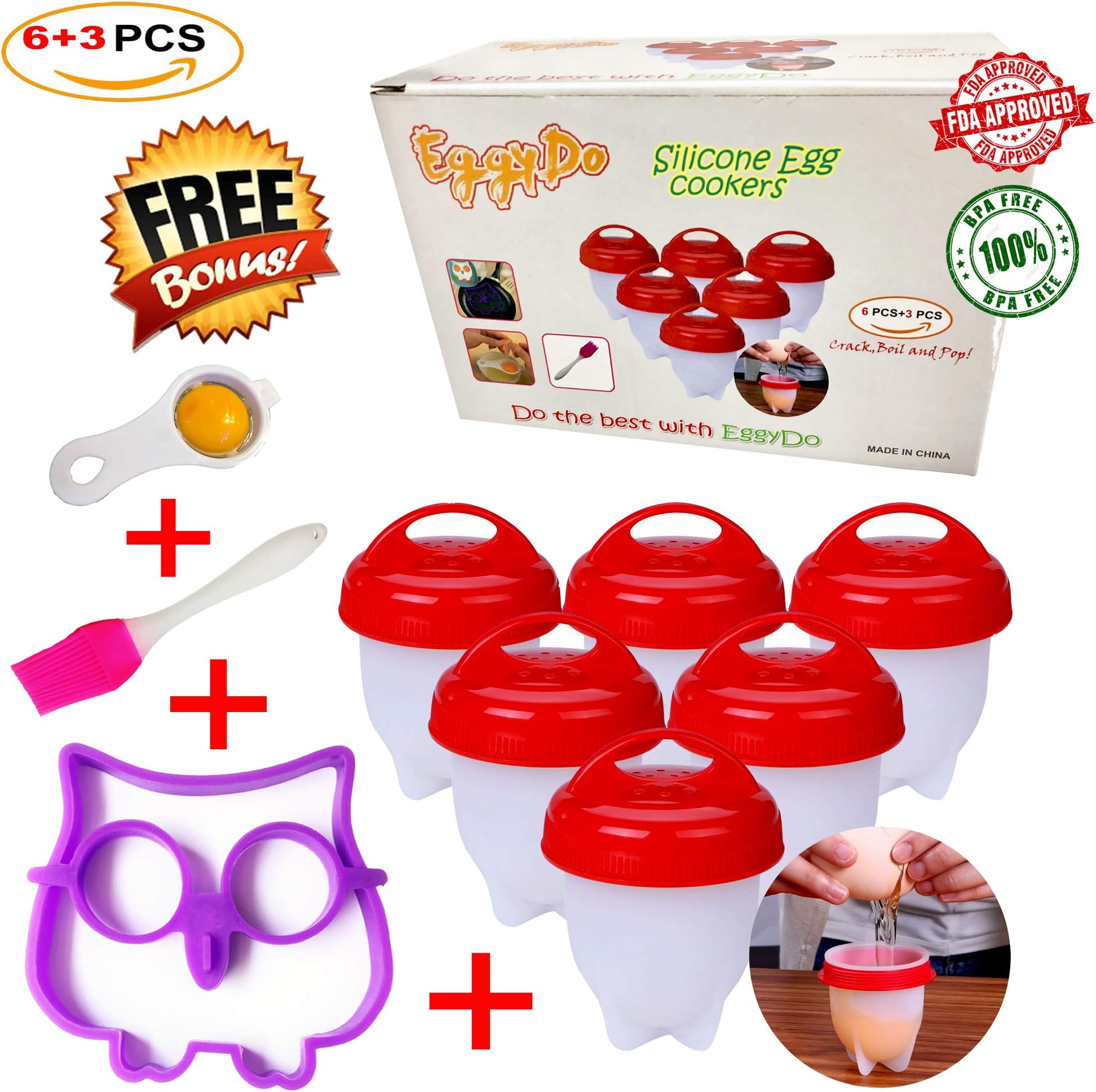 EggyDo Silicone Egg Cooker Set - Hard and Soft Boiler Without Shell for Easier Breakfast Enriched with Brush, Yolk Separator and Owl Shaped Mold Gifts – BPA Free, Non-Stick (Pack of 9)