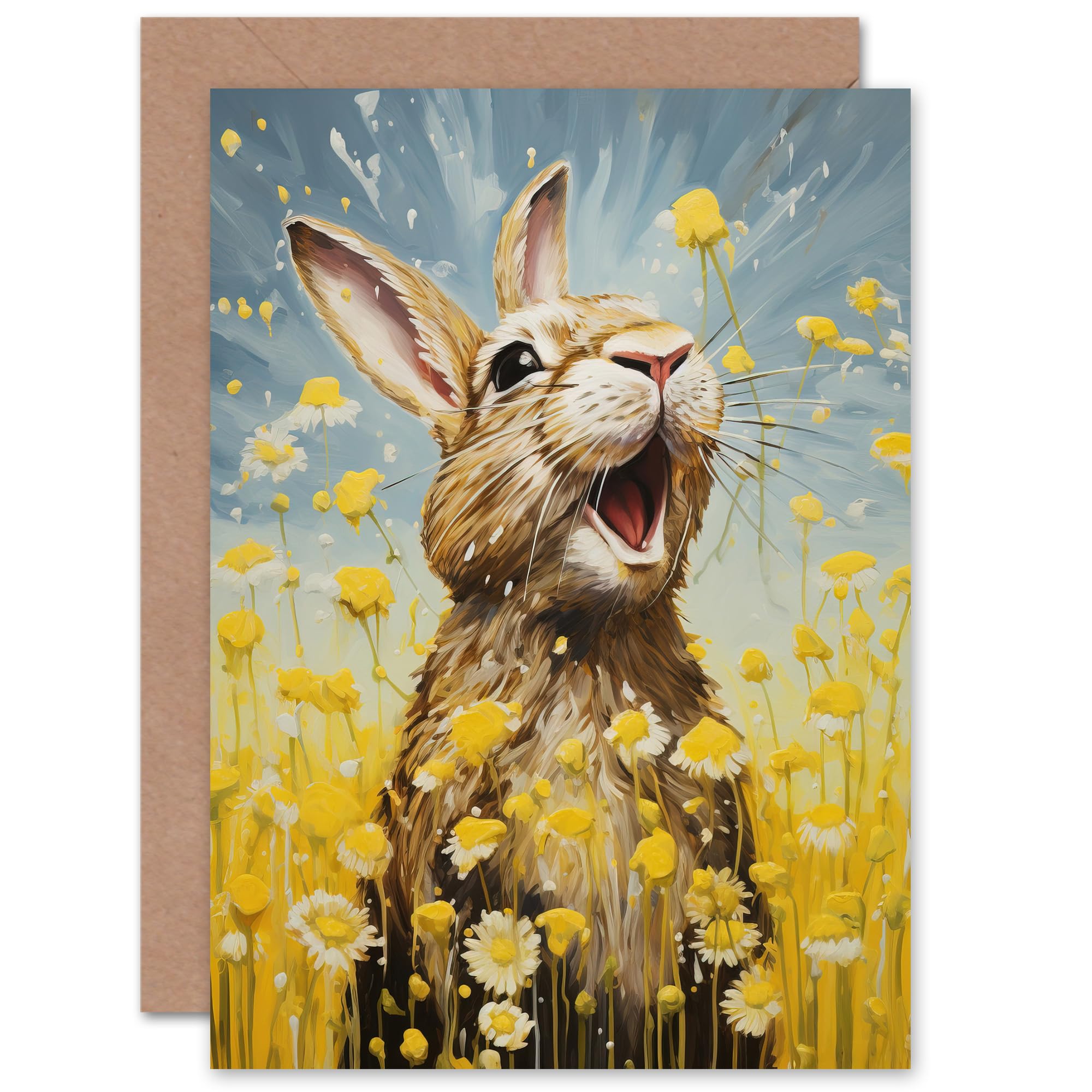 Artery8 Bunny Rabbit Daisy Flowers Vibrant Summer Meadow for Wife Her Mum Sister Daughter Mom Gran Nan Birthday Thank You Kids Child Blank Art Greeting Card