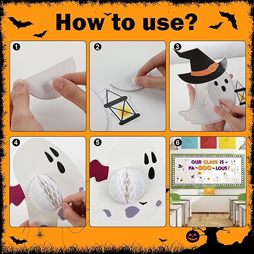 Miniatura 3 de Juego de tableros de anuncios de bolas de panal de fantasmas de Halloween, recortes de fantasma, calabaza, murciélago, cortes de papel para fiesta