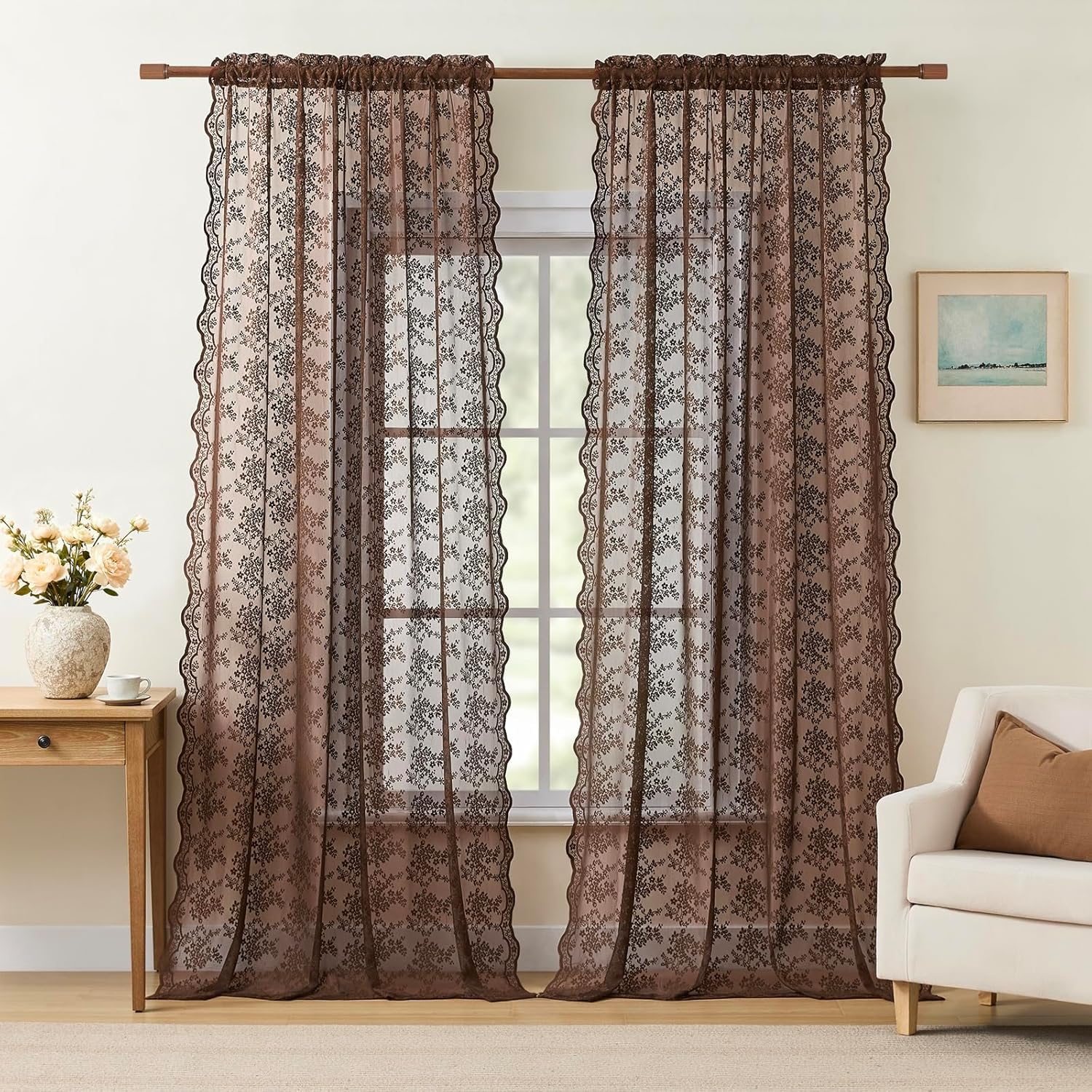 YJ YANJUN Brown Lace Net Curtains 90 drop Pair Vintage Floral Sheer Voile Curtain Panels for Living Room Bedroom - 2 Panles 132cm Width x 229cm Drop (52"x 90")