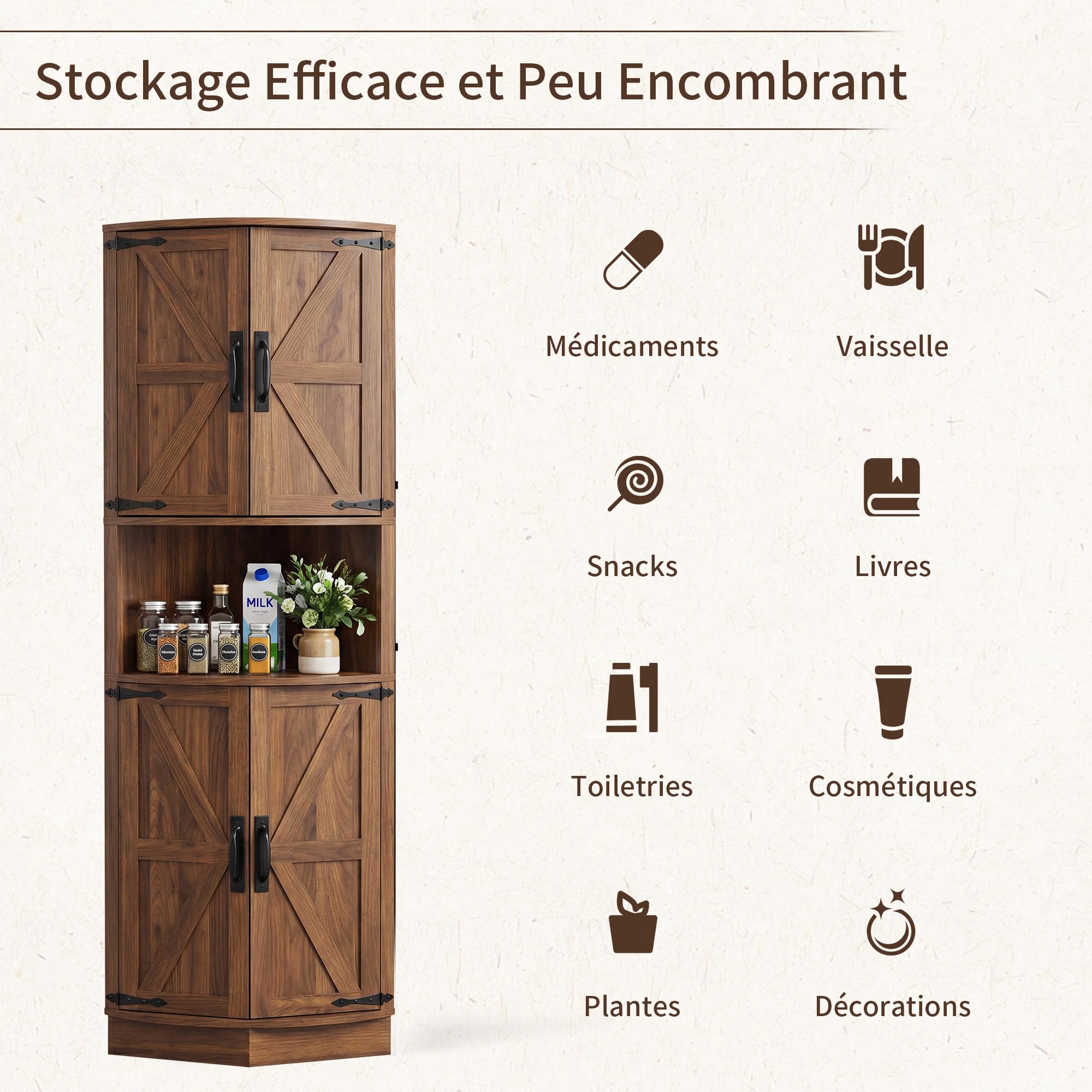 BonVache Armoire de cuisine haute, armoire d'angle, armoire de salle de bain étroite, étagère d'angle avec 4 portes et 5 étagères, 165 cm, en bois, pour cuisine, salon, salle à manger, noyer clair