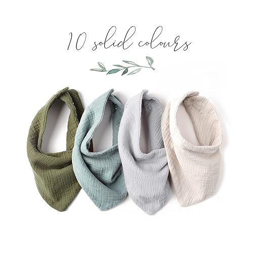 Miniatura 7 de Konssy Paquete de 10 baberos de muselina para bebé, bandana, baberos, 100% algodón, unisex, para niños y niñas, juego de 10 colores sólidos para