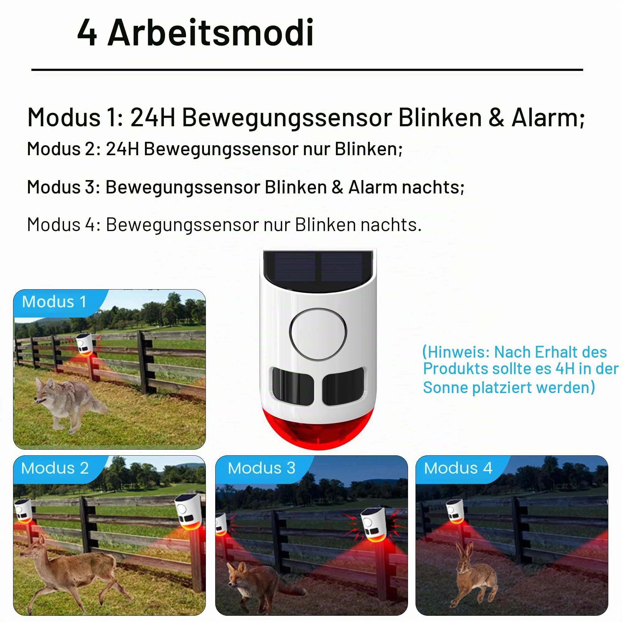 Solar Outdoor Bewegungsmelder Alarm-110db Lauter Geräuschemacher, 4 Arbeitsmodi Stroboskoplicht mit USB für Zuhause, Villa, Hof, Hühnerstall, Bauernhof, Scheune 4 PCS