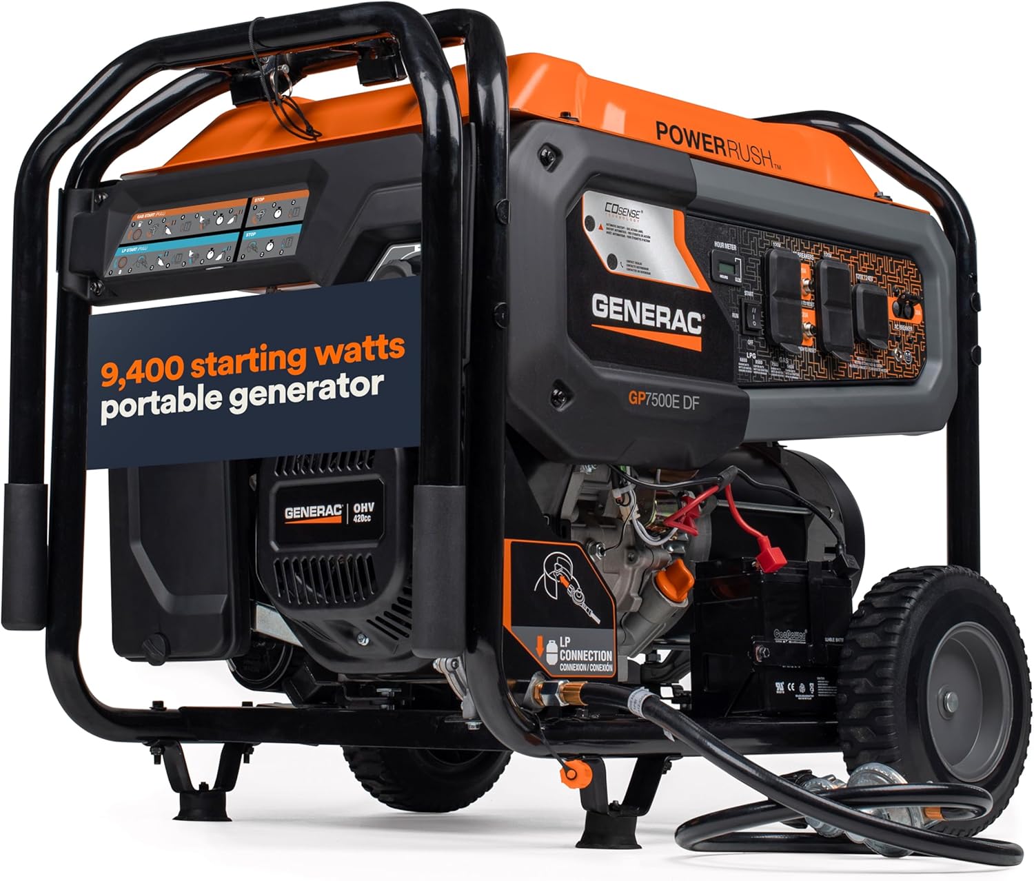 Generac 9,400 Starting Watt Dual Fuel Portable Generator – Electric Start – Gas or Propane Powered – Home Backup or Jobsite – Quiet, Long Runtime, Emergency Power – 49-State Compliant