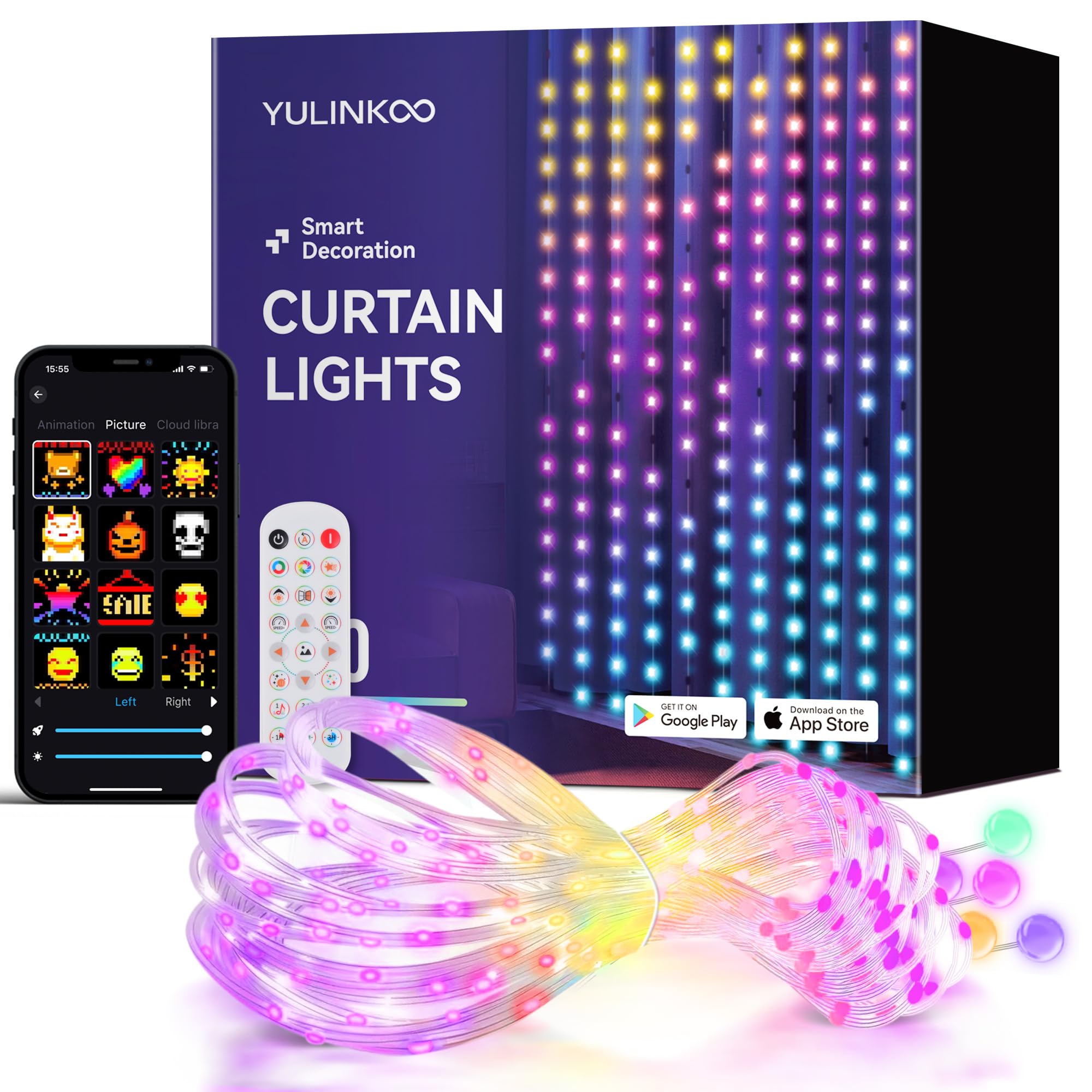 Smarte LED-Vorhang-Lichter, 400 LEDs, RGB+IC, Farbwechsel-Wandleuchten, 2 x 2 m, dynamisches DIY-Muster, LED-Lichterkette, APP-Fernbedienung, für Schlafzimmer, Wohnzimmer, Fensterdekoration, Party
