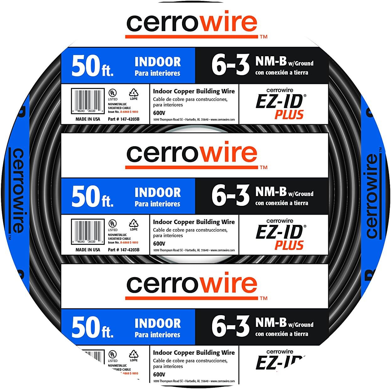 Cerrowire 1474203B 50Feet 6/3 NMB Stranded with Ground