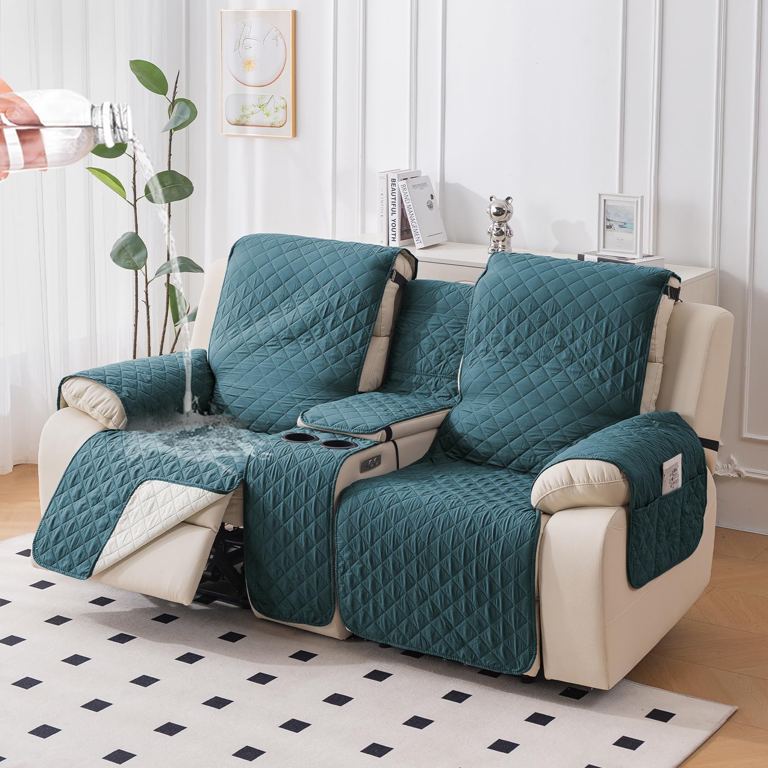 HOKIPO Quilted Water Repellent 2 Seater Recliner Sofa Cover Mat with Console | Quilted Non-Slip Recliner Sofa 2 Seater Cover Mat for Living Room - Teal Blue (AR-5762-TLBL)-image-22