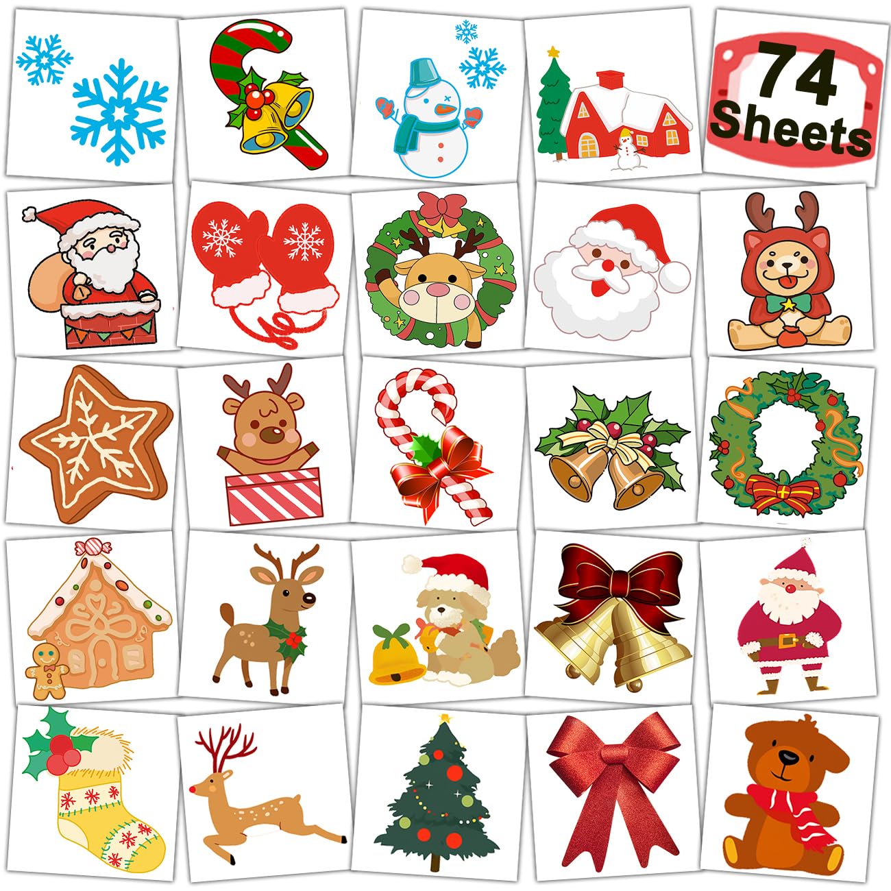 CHARLENT Christmas Temporary Tattoos for Kids - 74 Individual Sheets for Xmas Party Favors, Stocking Stuffer, Christmas Eve Gift