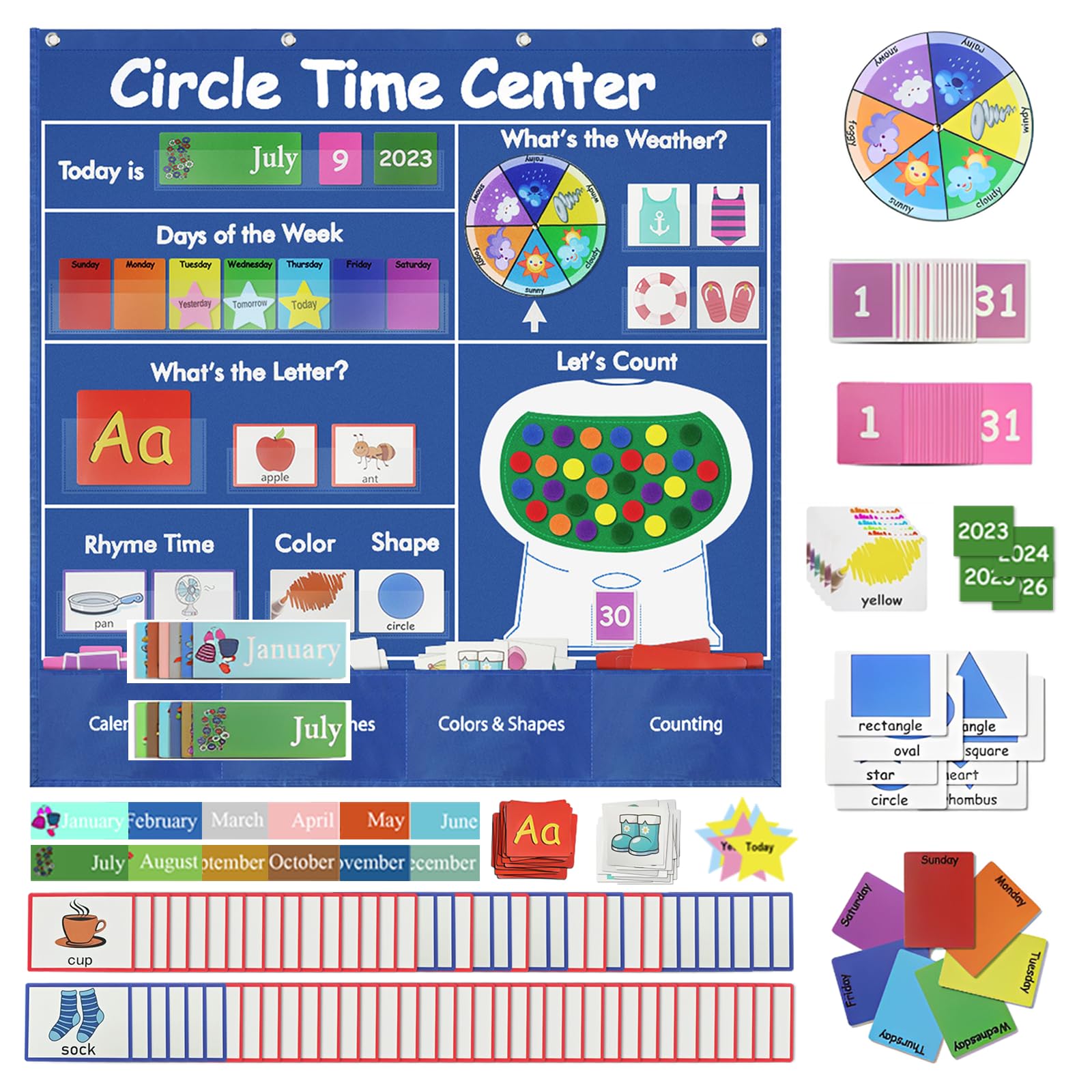 Circle Time Learning Center-Montessori Toy for 3 4 5 Year Old Pocket Chart Calendar Set Learning Calendar Weather,Alphabet,Counting Number,Color,Classroom Calendar Pocket Chart for Homeschool Supplies