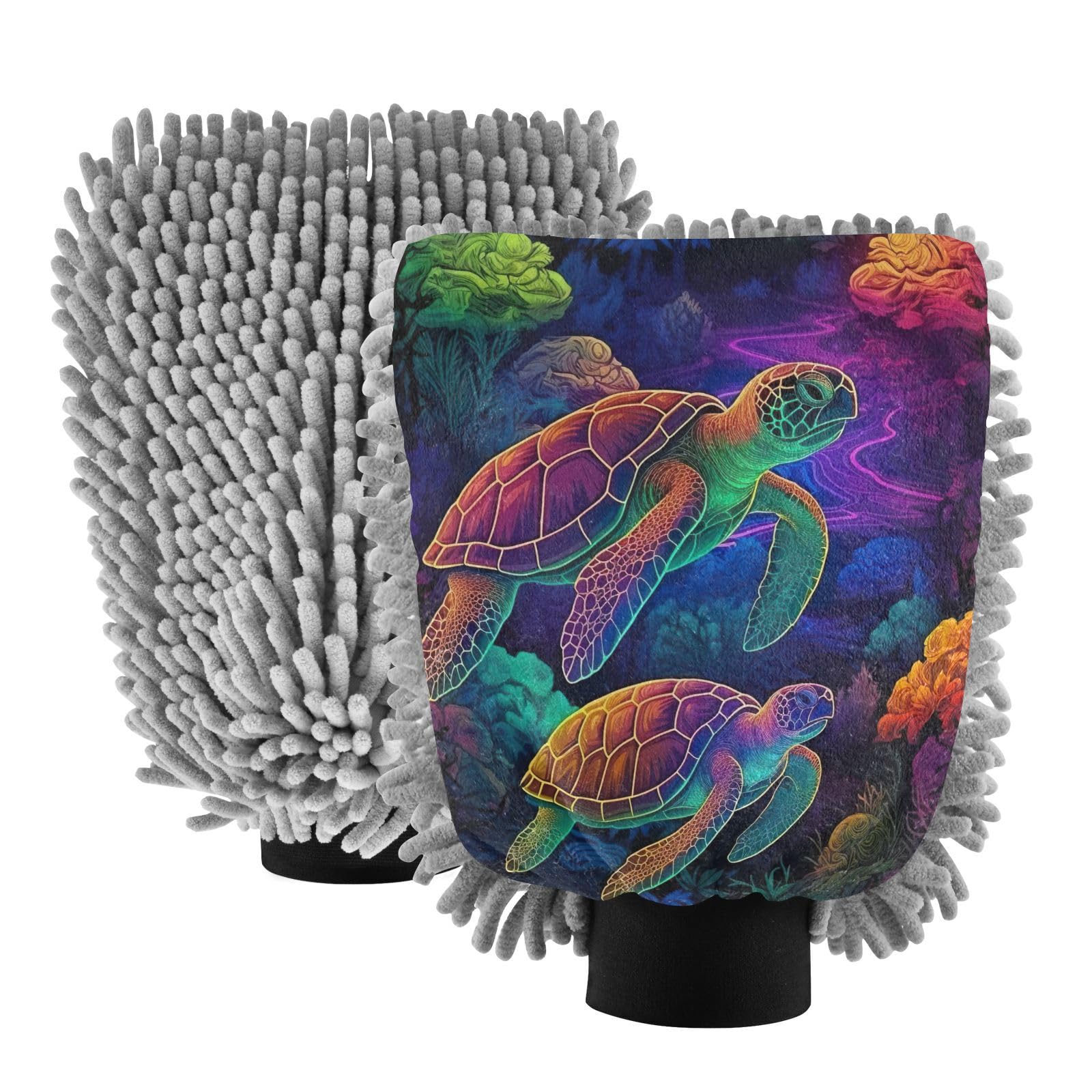 Flradish 2 Pack Colored Turtle Car Wash Mitt Chenille Microfiber Lint-Free Scratch Free Ultra-Soft Absorbent Car Wash Mitt 10.2x7.09 Inch