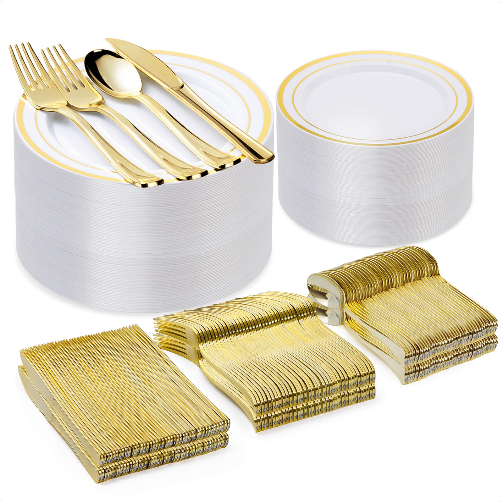 BESTVIP 300PCS Gold Plastic Plate Set (50 Guests), Plastic Plates for Party Wedding Birthday, Disposable Dinnerware Set of 100 Plates, 100 Forks, 50