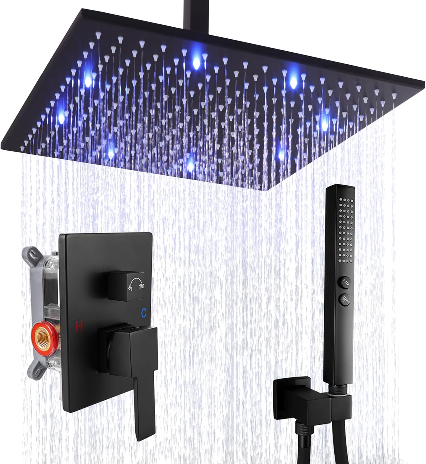 16 Inch Shower Faucet Set Ceiling Mount LED Shower Head Rainfall Shower System Trim Kit Complete with Rough-in Valve and 2 in 1 Handheld Spray, Matte Black