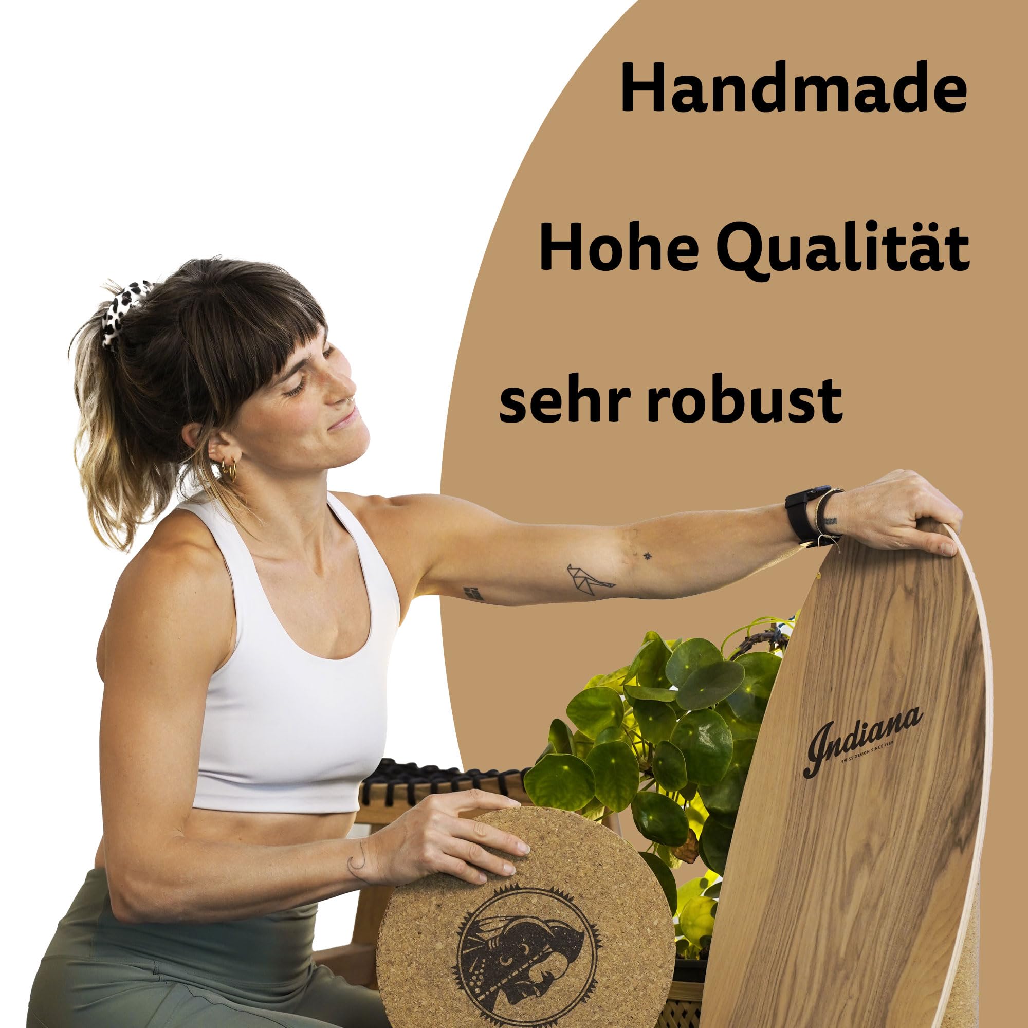 Indiana® Balance Board | DAS ORIGINAL Swiss Made - HANDGEFERTIGT | inkl. Premium Korkrolle | Balancierbrett Fiberglas verstärktem Holzkern | Gleichgewichtstraining für Kinder und Erwachsene