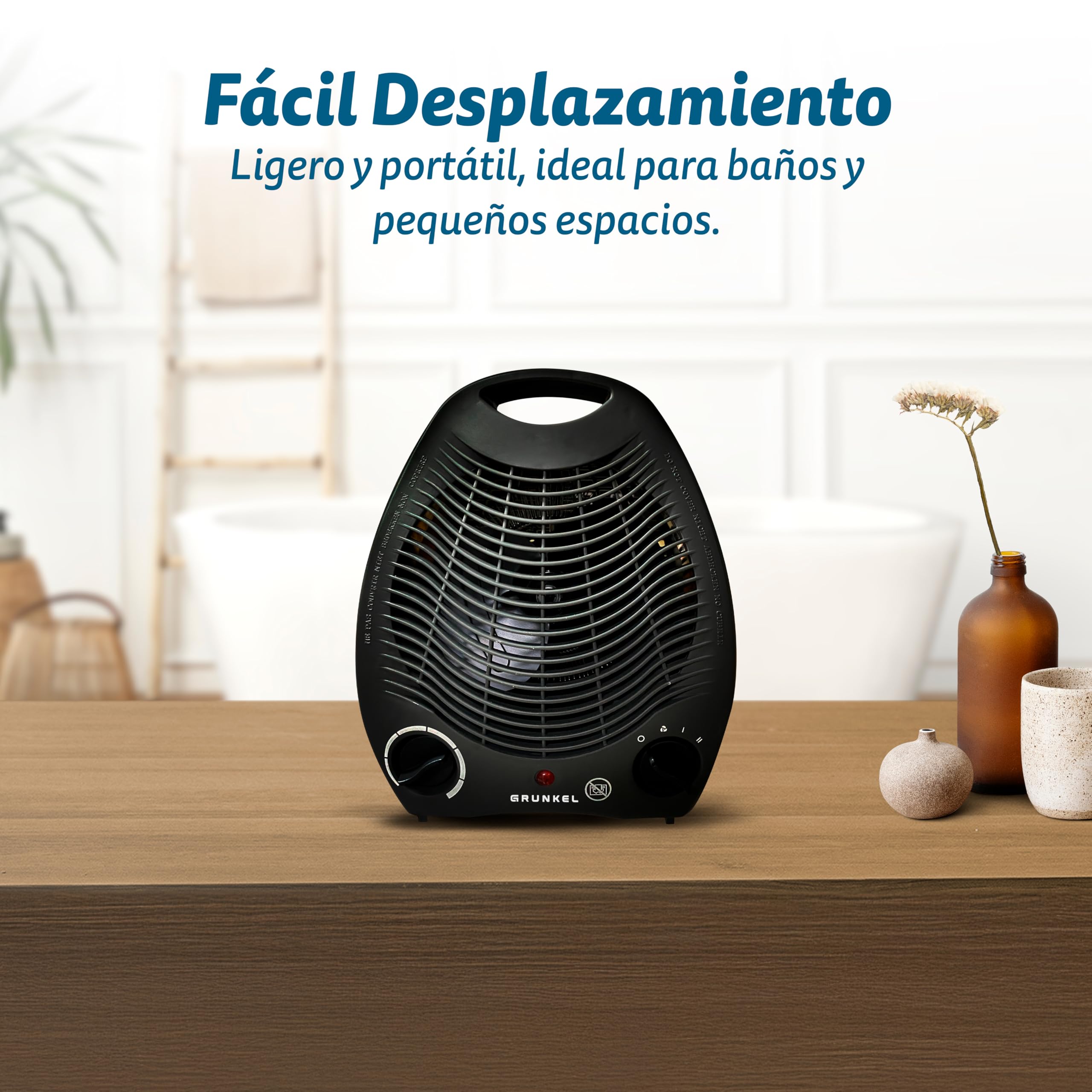 Calefactor de baño Grunkel de bajo consumo, hasta 2000W, 3 modos, 2 niveles de potencia, antivuelco y sistema de protección contra el sobrecalentamiento. Ligero y cable de 1m.