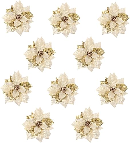 Miniatura 9 de RECUTMS Juego de 60 piezas de decoración de Navidad de nochebuena, 18 flores de Pascua artificiales con 12 tallos de bayas con purpurina, 12 postes,