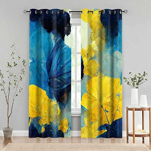 CLOKMS0073 - Cortinas opacas de arte abstracto, modernas, con estampado azul amarillo, con diseño vibrante, paneles de cortina para ventana con