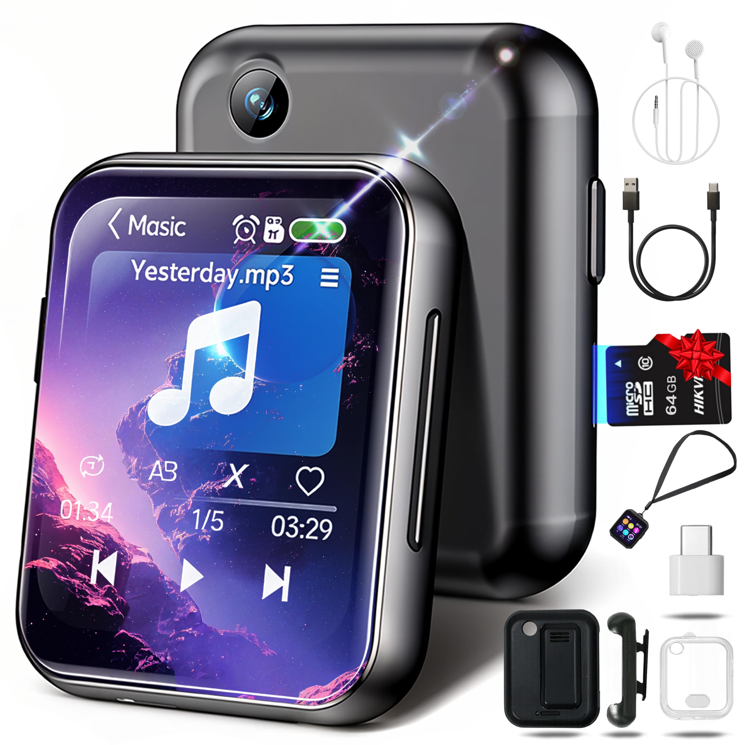 Reproductor MP3 con Bluetooth 5.4, 64GB | Mini HiFi-Music Player con Clip Deportivo | Premium | Pantalla Táctil 2,01 Pulgadas | Cámara 720P | Radio FM | Grabadora de Voz | Expansible 256gb