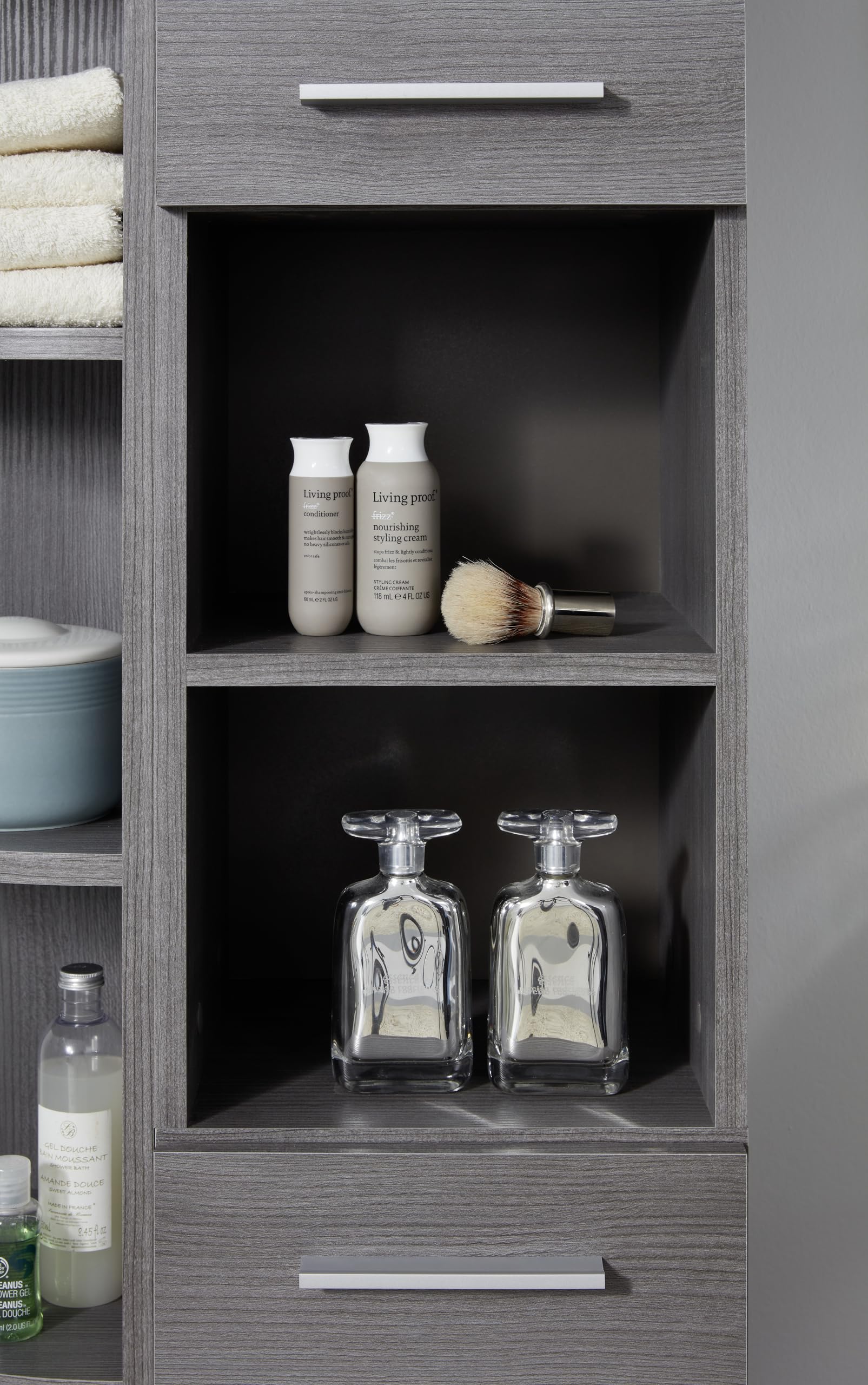 trendteam smart living - Runner - Badkombination - Grau - Hochschrank, Waschbeckenunterschrank, Spiegelschrank - (BxHxT) 103 x 190 x 31 cm - silberfarbener Griff