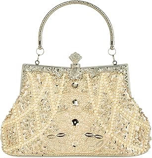Womens Vintage Floral Beaded Rhinestone Embroidery Clutch Sequin Crossbody Bag Evening Handbag for Bridal Wedding Party Prom