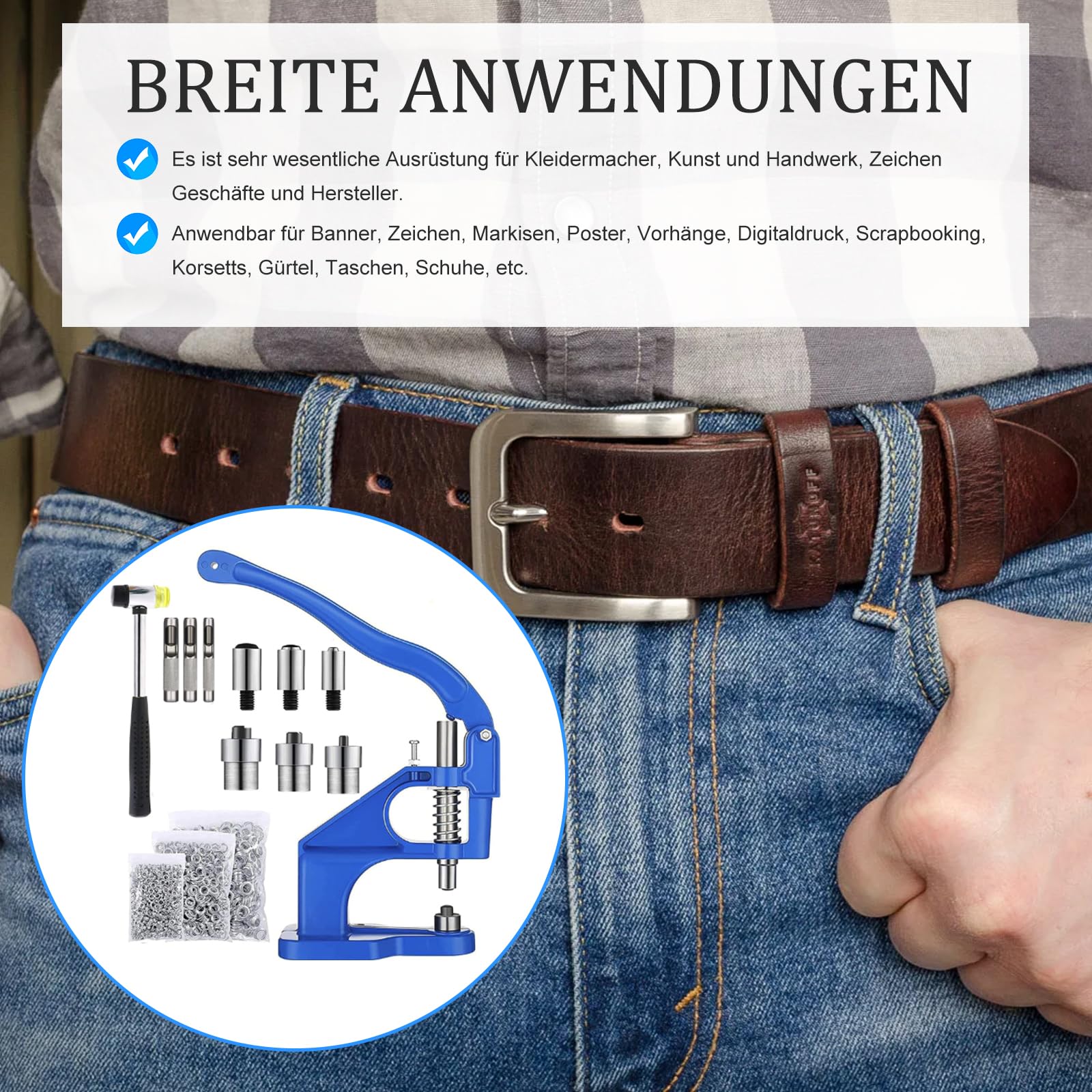 Topsky Multifunktionales Ösenpresse Handpresse Set mit Hammer: 3 Stempelsätze und 1500 Ösen (6/10/12 mm) inklusive – Perfekt für Ösen, Druckknöpfe und mehr – Ihre All-in-One Werkzeuglösung