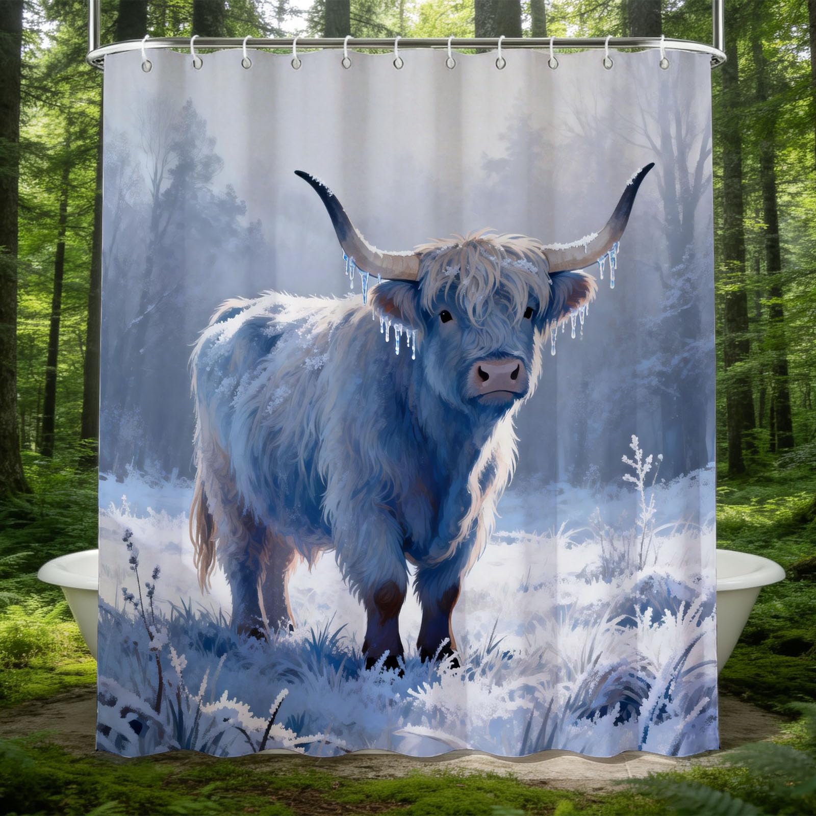 Hongduo 3D Snowy Highland Cow Shower Curtain for Stalls Bathtubs Animal Pattern Bathroom Decor Shower Curtain Set Polyester Fabric Waterproof 200x200cm/79X79 Inch with Hooks