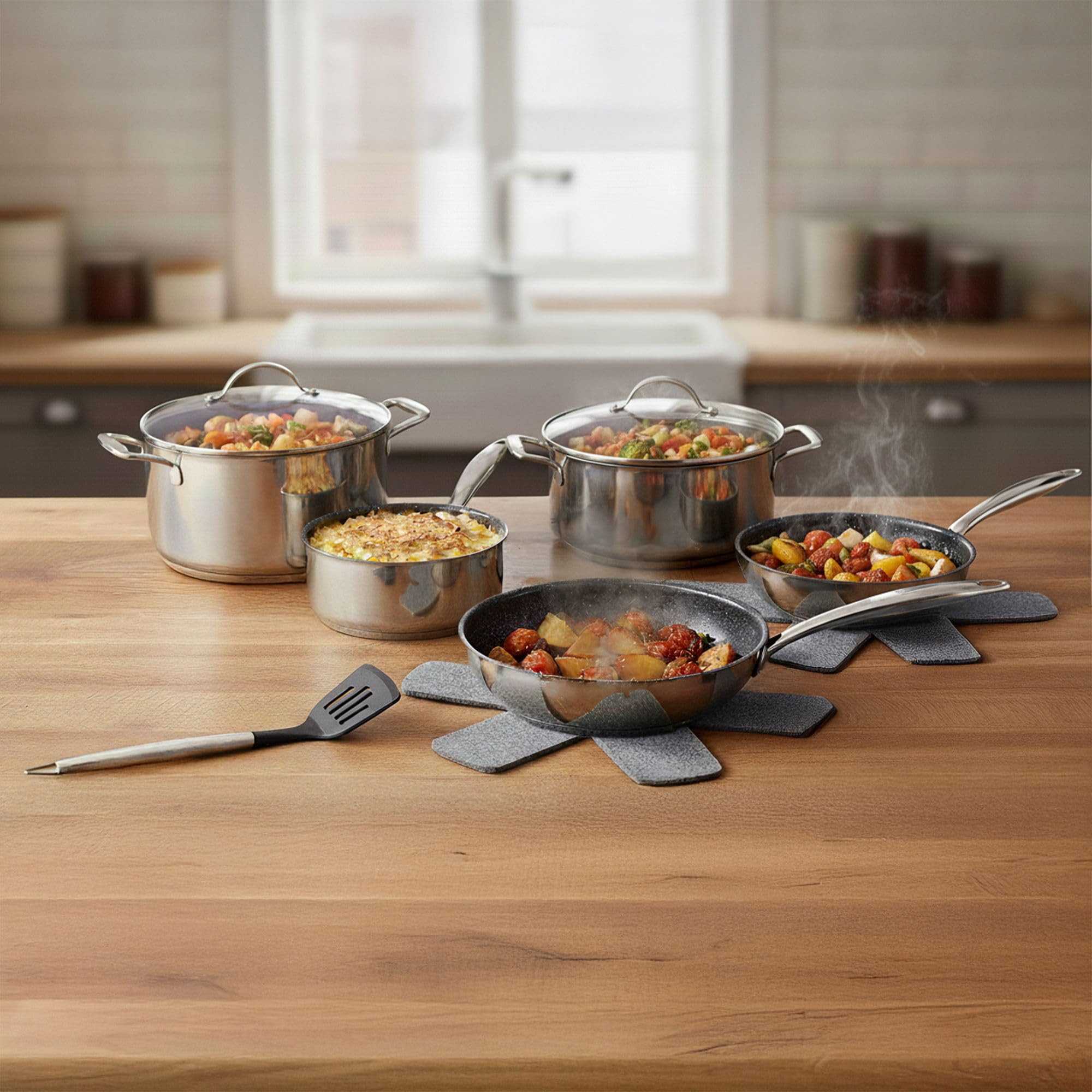 STONELINE PROFESSIONAL Batterie de cuisine en acier inoxydable 11 pièces 18/20/24 cm, poêle et casseroles en acier inoxydable avec couvercle, revêtement antiadhésif avec véritables particules de