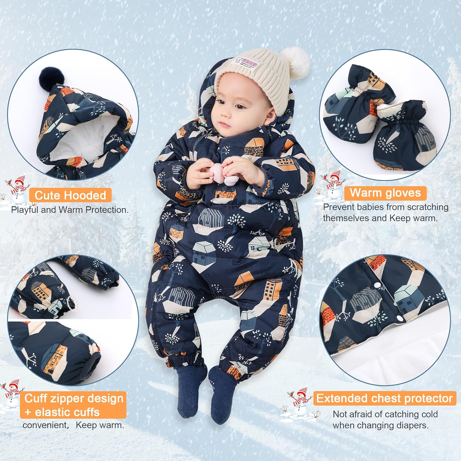 LAT 3 Pcs Baby Snowsuit Winter -Super Warm Flannel Lining Puffer Jacket Hoodie Romper -Double Zip Up Coat Toddler Clothes - Image 5