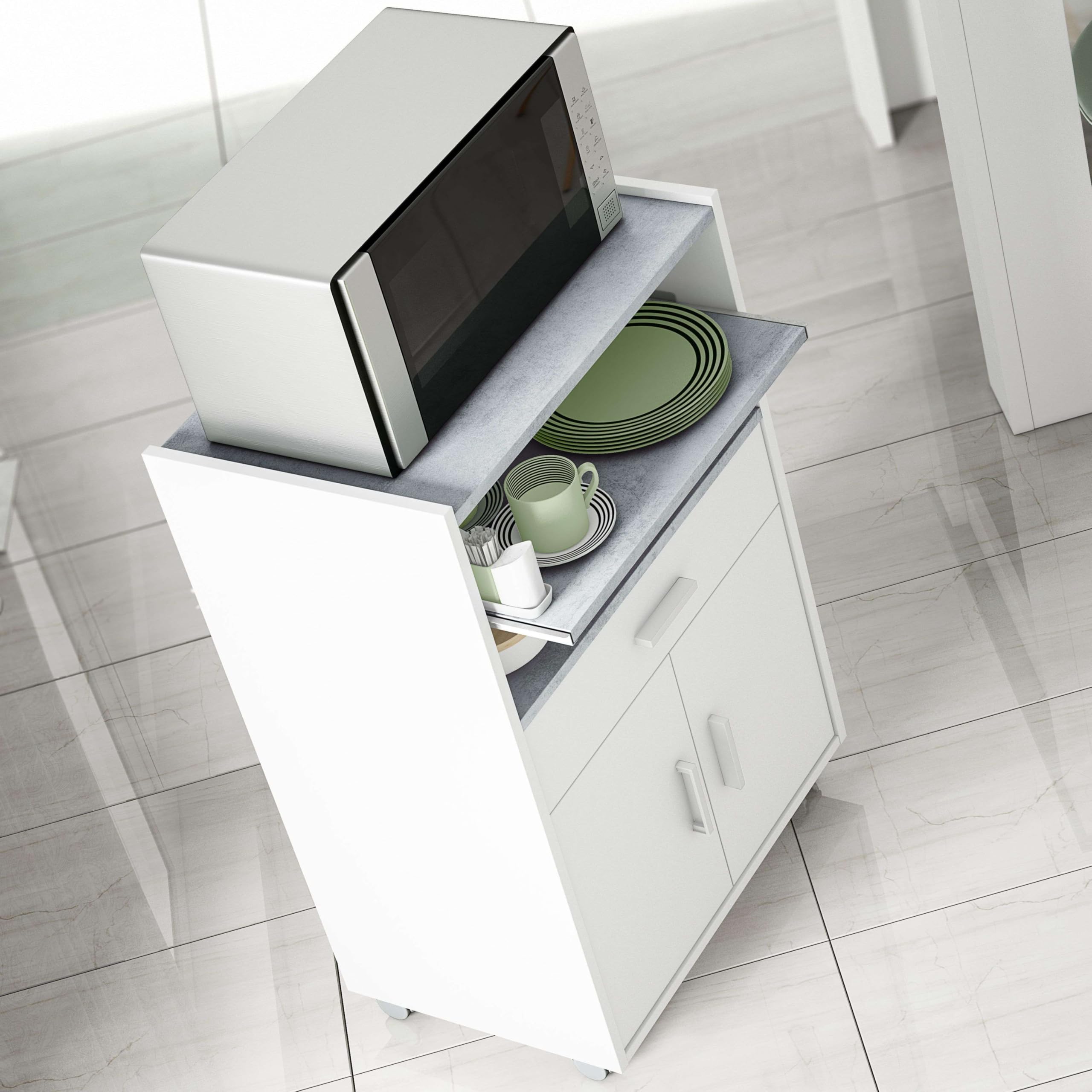 Habitdesign Armadietto ausiliario per microonde, tavolo da cucina con cassetto e due ante, colore bianco e cemento, misure: 92 cm (altezza) x 59 cm (larghezza) x 40 cm (profondità)
