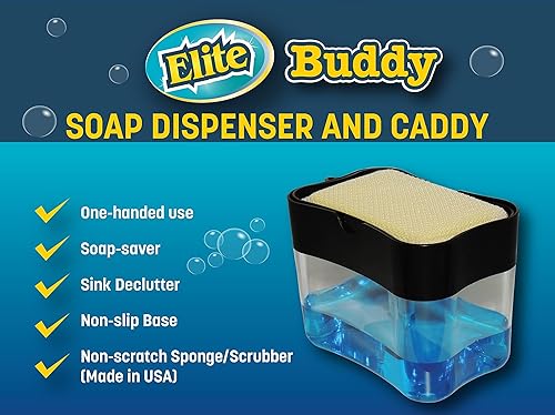 Miniatura 6 de Elite Buddy - Dispensador de jabón para platos y soporte de esponja para encimera de fregadero de cocina, incluye esponja limpiadora antiarañazos,