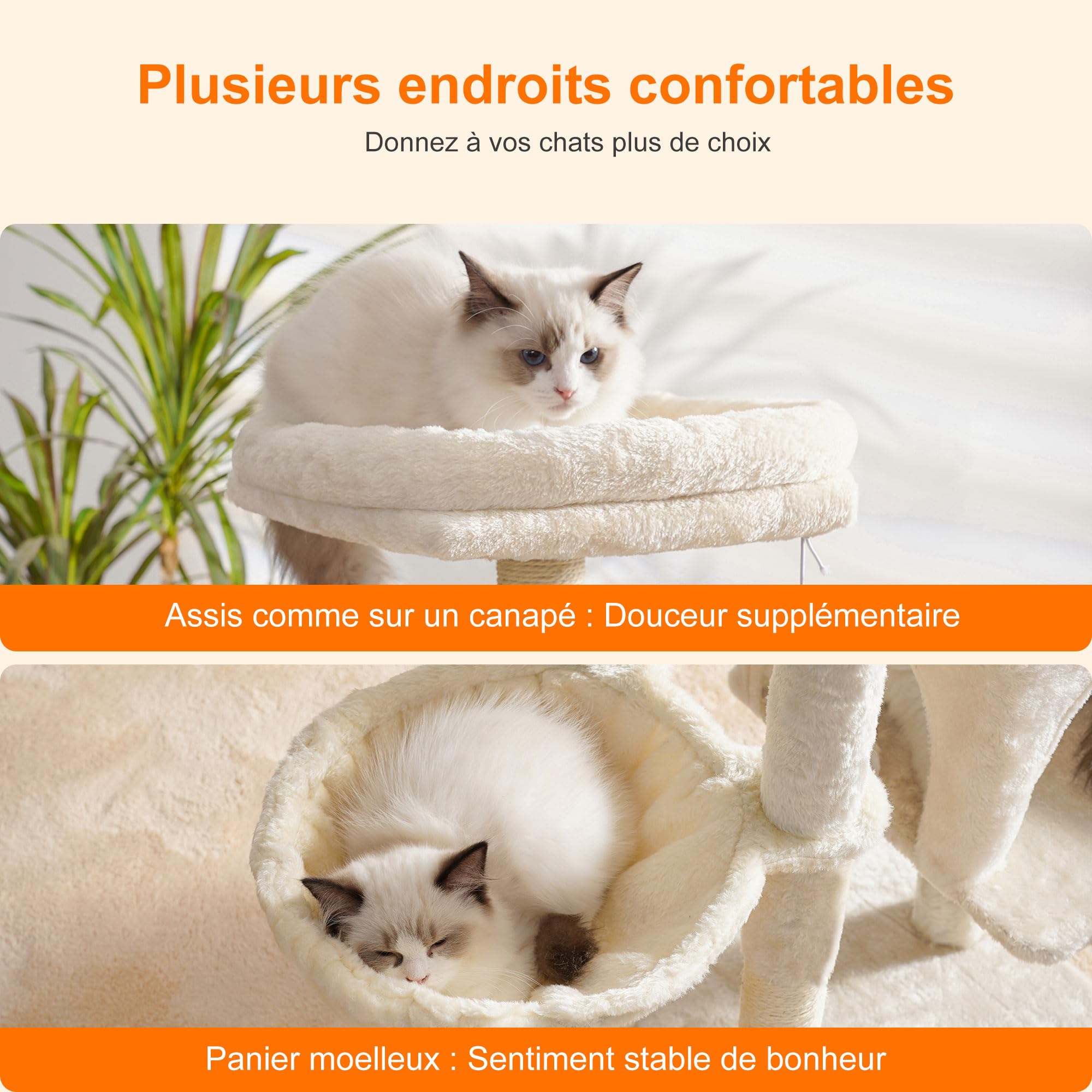 Heybly Arbre à Chat, Brosse de Nettoyage Automatique, Arbre à Chat Domestique Robuste avec Peluche Polie, Chaise Longue, Bac à Litière avec Panneaux et Griffoir, Beige HCT005SM