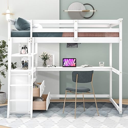 Miniatura 76 de Cama alta funcional tamaño individual con 2 cajones y 2 armarios, base de cama de madera maciza con barandilla de seguridad y escalera de