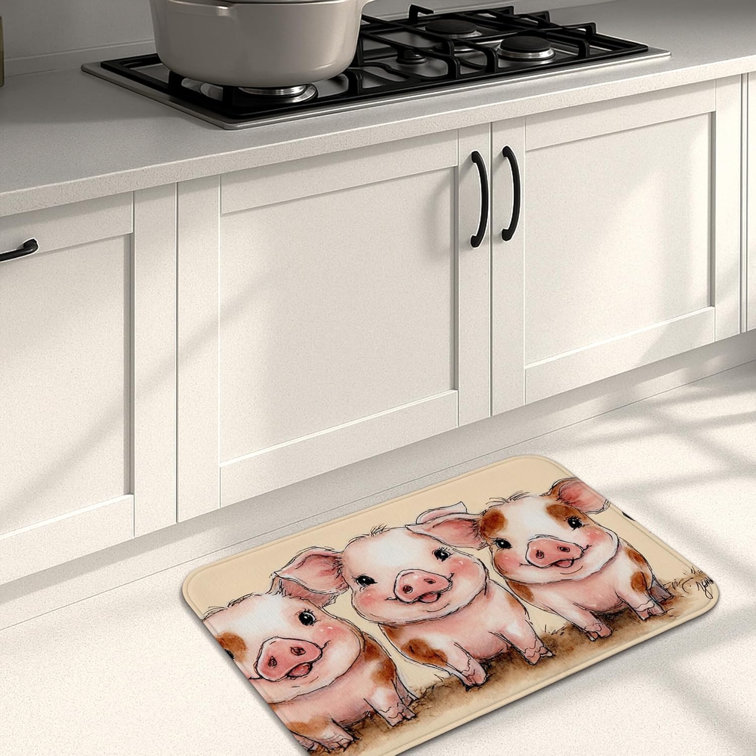 Cute Pig Kitchen Mats for Floor, Farmhouse Style Soft Mats, Cushioned Non Slip Washable Rugs for Kitchen Sinks Laundry Room 3Pcs