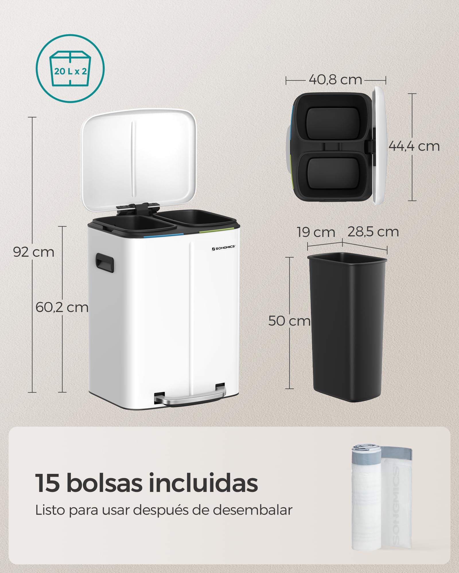 SONGMICS Cubo de Basura Doble, 2 x 20 L Cubo de Cocina, Cubo Metálico Pedal de Doble Compartimento, con Cubos Interiores de Plástico, Tapas de Cierre Suave y Asas, Sello Antiolor, Blanco LTB40WT