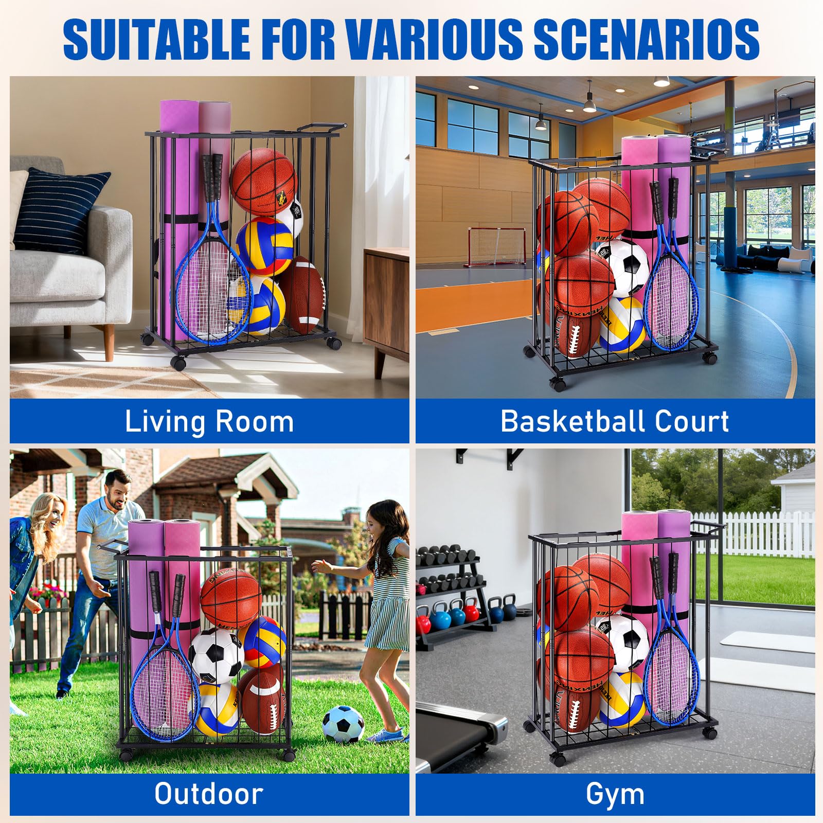 TOBWOLF Garage Veranstalter Ballständer, Ballaufbewahrung Outdoor mit Rädern, Abnehmbares Ball Aufbewahrung, Basketball Halter für Basketball, Fußball, Football, Volleyball