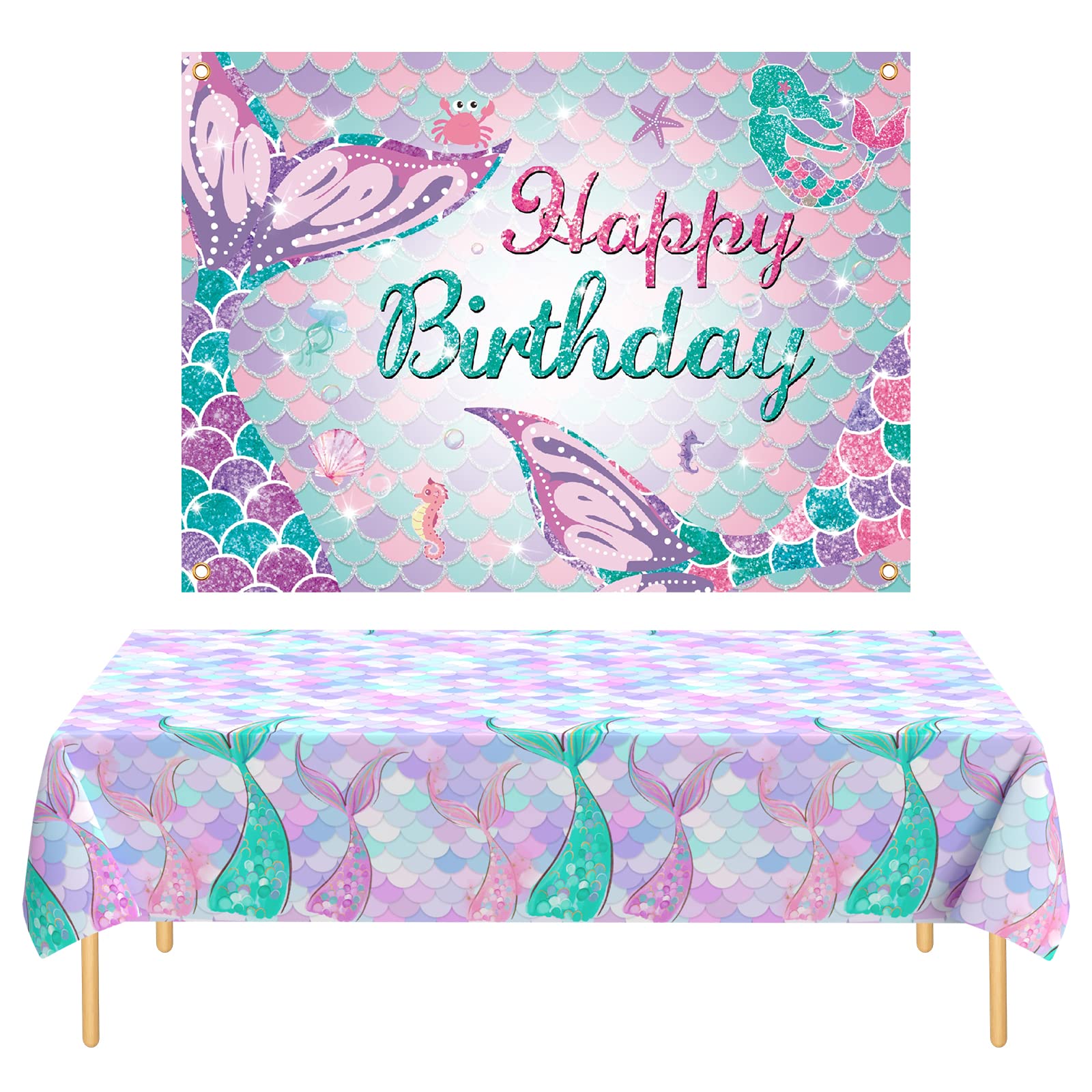 Mermaid Party Supplies,Mermaid Birthday Backdrop Banner Purple Table cloth Table Cover Mermaid Theme Birthday Party Decoration for Kids Girls Boys