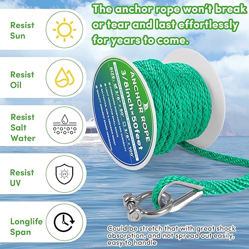 Vista 175 de Cuerda de anclaje premium de 100 pies x 3/8 pulgadas, cuerda marina de línea de anclaje MFP trenzada sólida con dedal y grillete, color negro