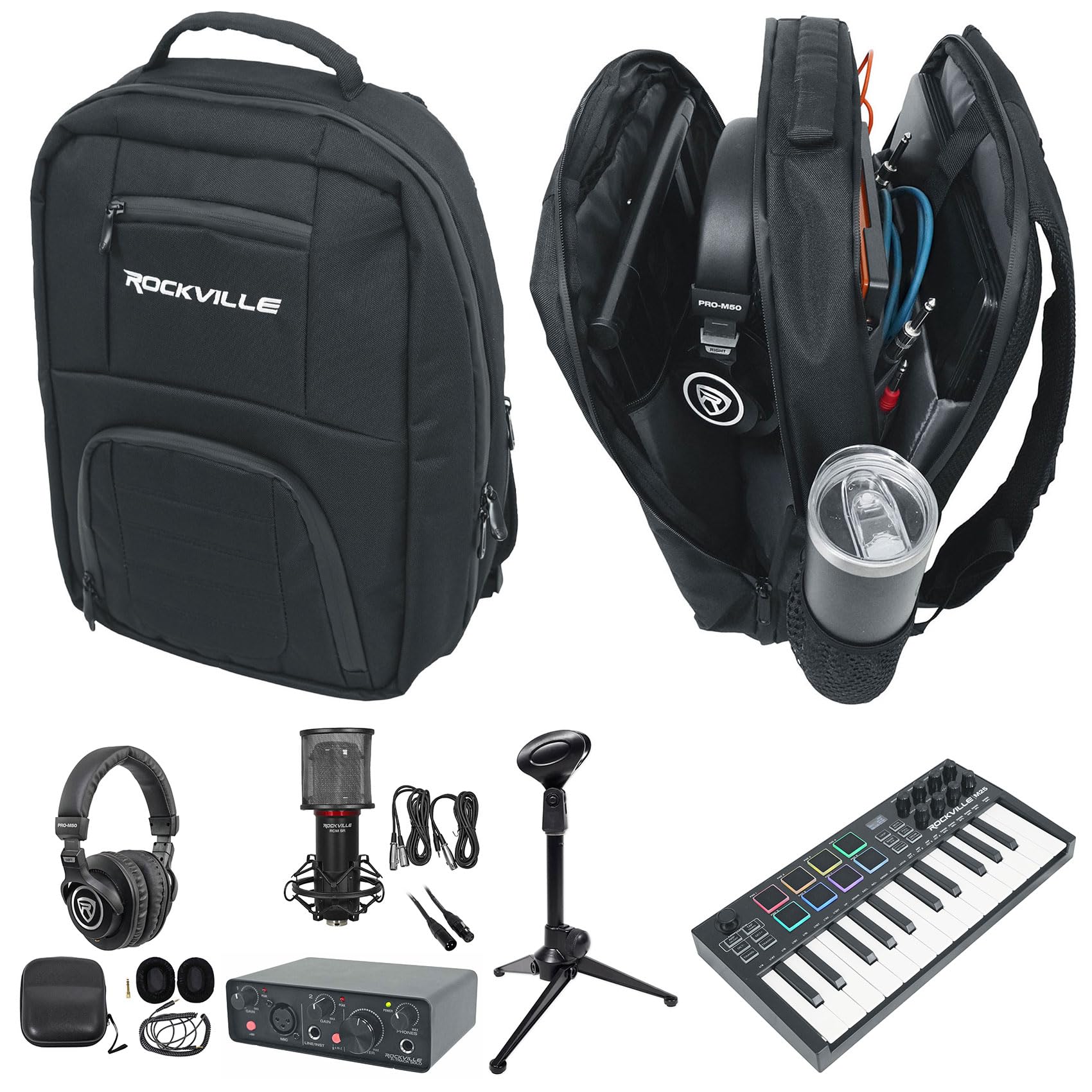 Rockville Bundle: Rockville R-TRACK SOLO Recording USB C Audio Interface Bundle with MIDI Keyboard Controller Black, Studio/Recording Mic, Headphones, Backpack, Mic Stand, XLR Mic Cable (7 items)