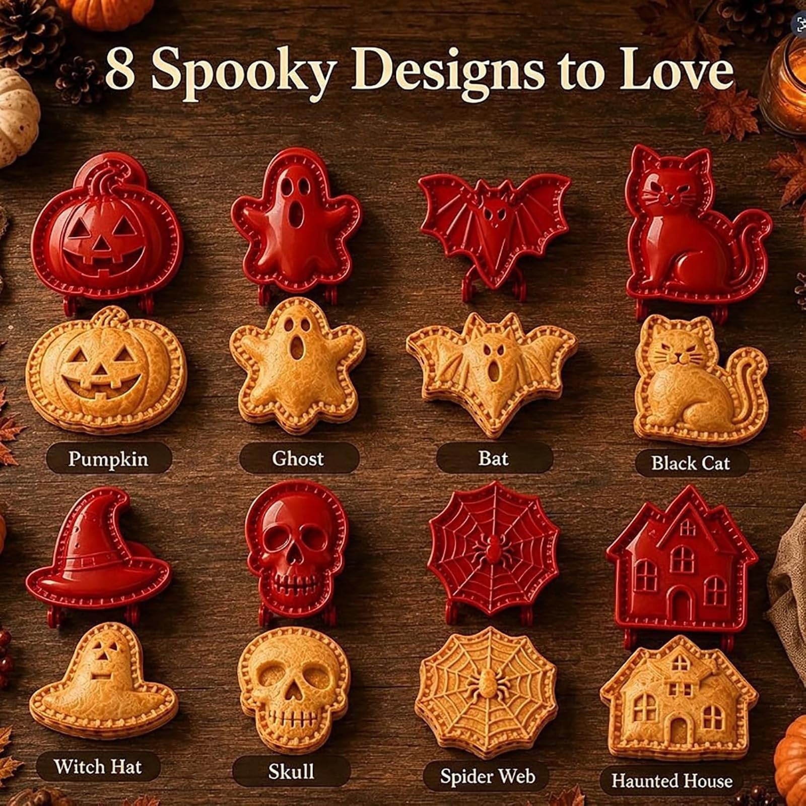 Juego de mini moldes para tartas de mano de Halloween (Mix) | 8 diseños festivos, superficie lisa, liberación rápida, limpieza sencilla, reutilización duradera, lindas formas de golosinas