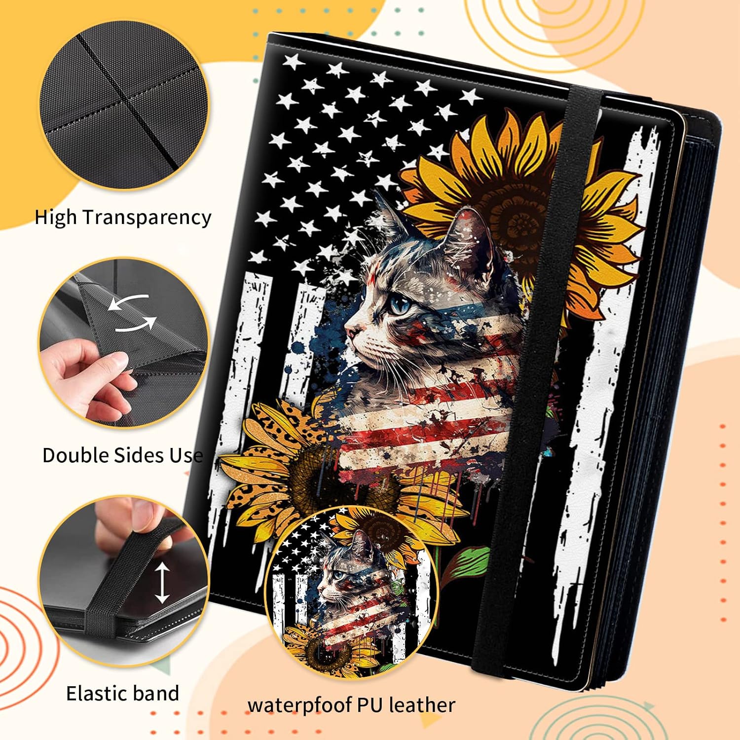 Trading Card Binder 4-pocket Card Holder Binder for Pokemon Baseball Football Hockey Sport Mtg TCG YUGIOH Card Binder Album 160 Cards Side Load + Elastic Ba-Cat Sunflower usa Flag