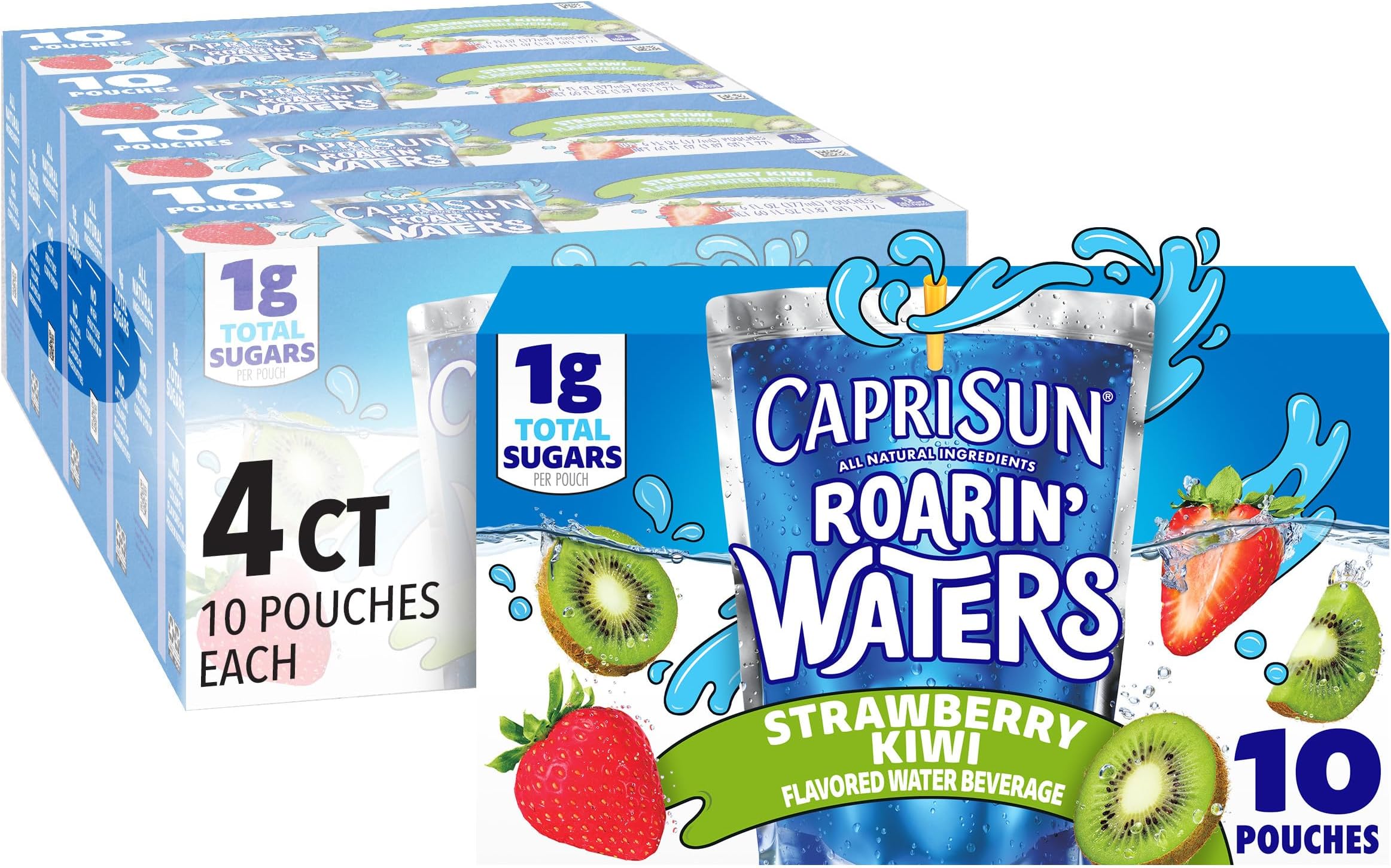 Roarin' Waters Flavored Water Beverage, 40 Pouches, for School Lunches and On-the-Go Hydration, Strawberry Kiwi Natural Flavor with Other Natural Flavor, All Natural Ingredients, 6 oz