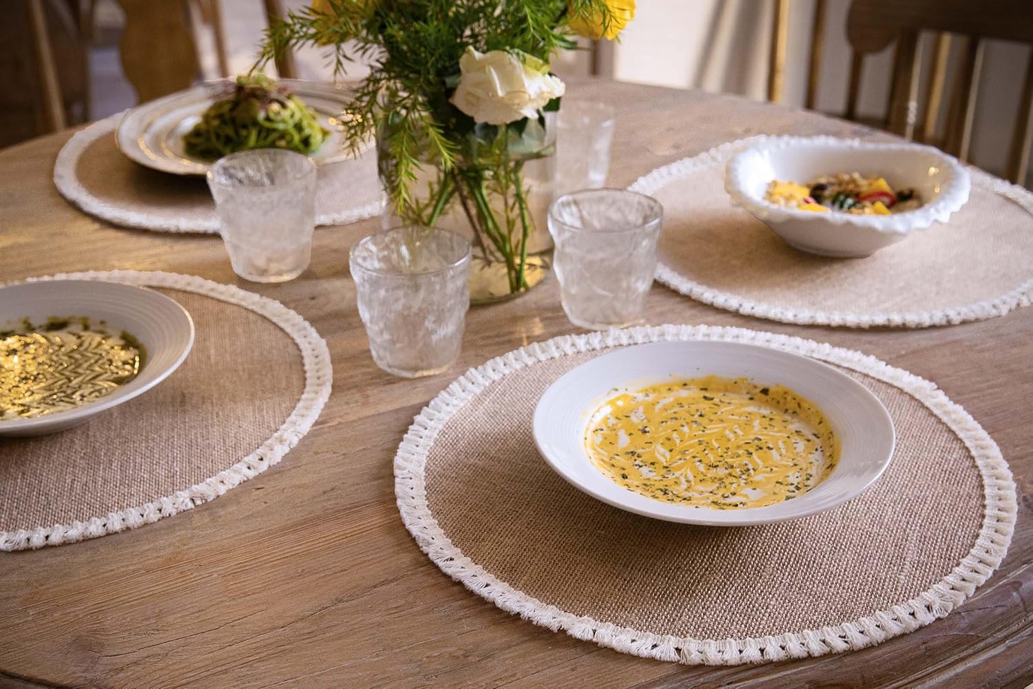 FunWheat 15 Inch Round Jute Placemats Set of 12, Braided Burlap Table Mats for Dining Table, Heat Resistant Farmhouse Woven Placemats for Fall Farmhouse Decor (Short Tassels)