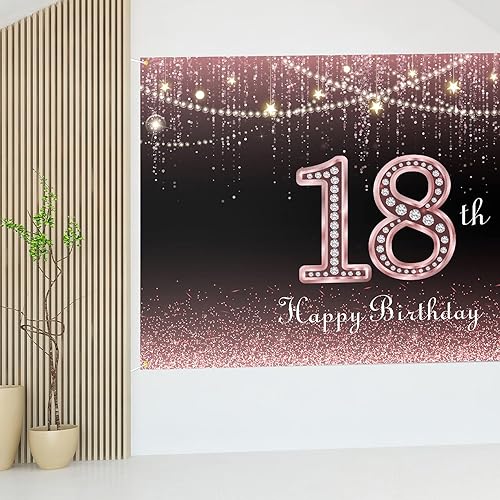 Miniatura 7 de HAMIGAR Fondo de pancarta de feliz cumpleaños número 18 de 6 x 4 pies, decoraciones de cumpleaños de 18 años, suministros de fiesta para niñas, oro