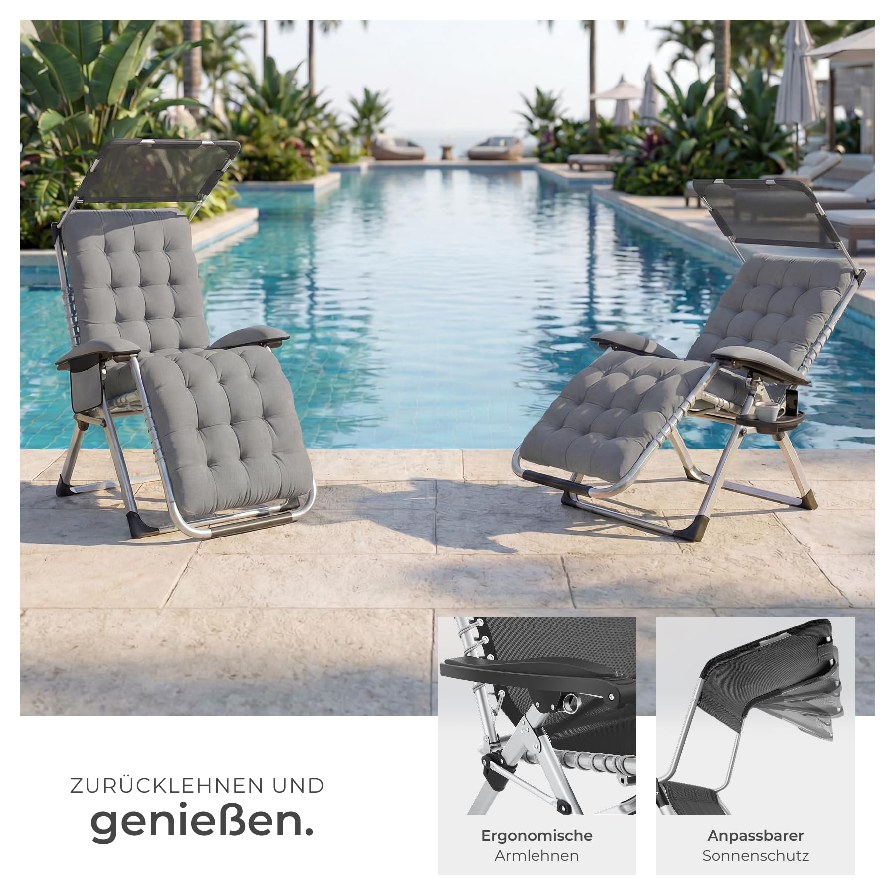 tectake® Sonnenliege klappbar, Liegestuhl, Gartenliege mit Sonnendach, Outdoor Sessel für Balkon oder Garten, Liege mit extra Dicker Auflage, Relaxliege belastbar bis 200kg - hellgrau, 2er Set