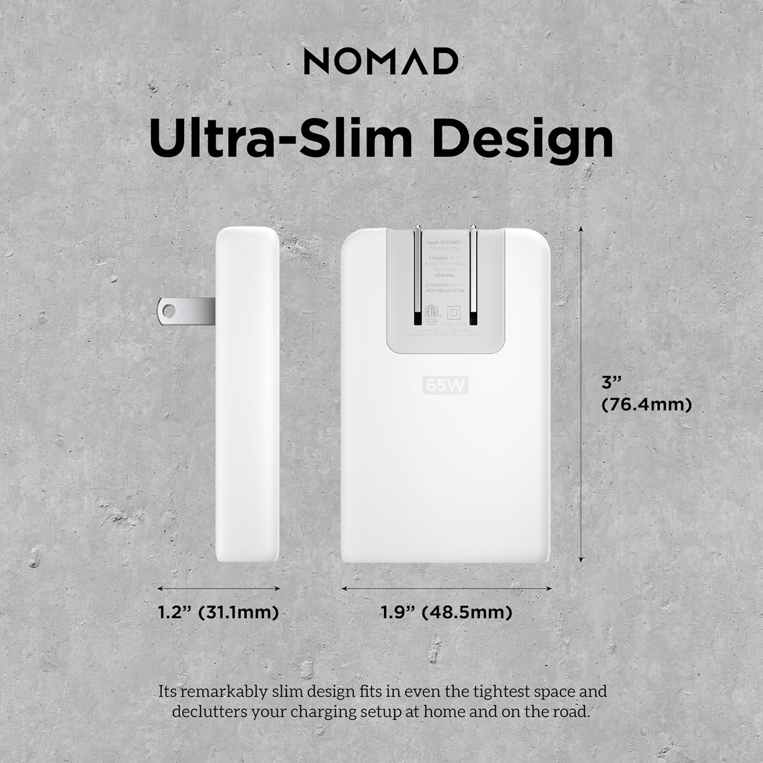 Nomad Slim Power Adapter, Flat Wall Charger with Dual USB C Cable Ports, Slim Block with Fast Charge Ports, Charger Block Flat USB C Plug (White 65W)