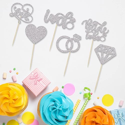 Miniatura 3 de 24 adornos para cupcakes con purpurina plateada Love I Do para decoración de tartas, anillo de corazón, palillos para cupcakes de diamante, boda,