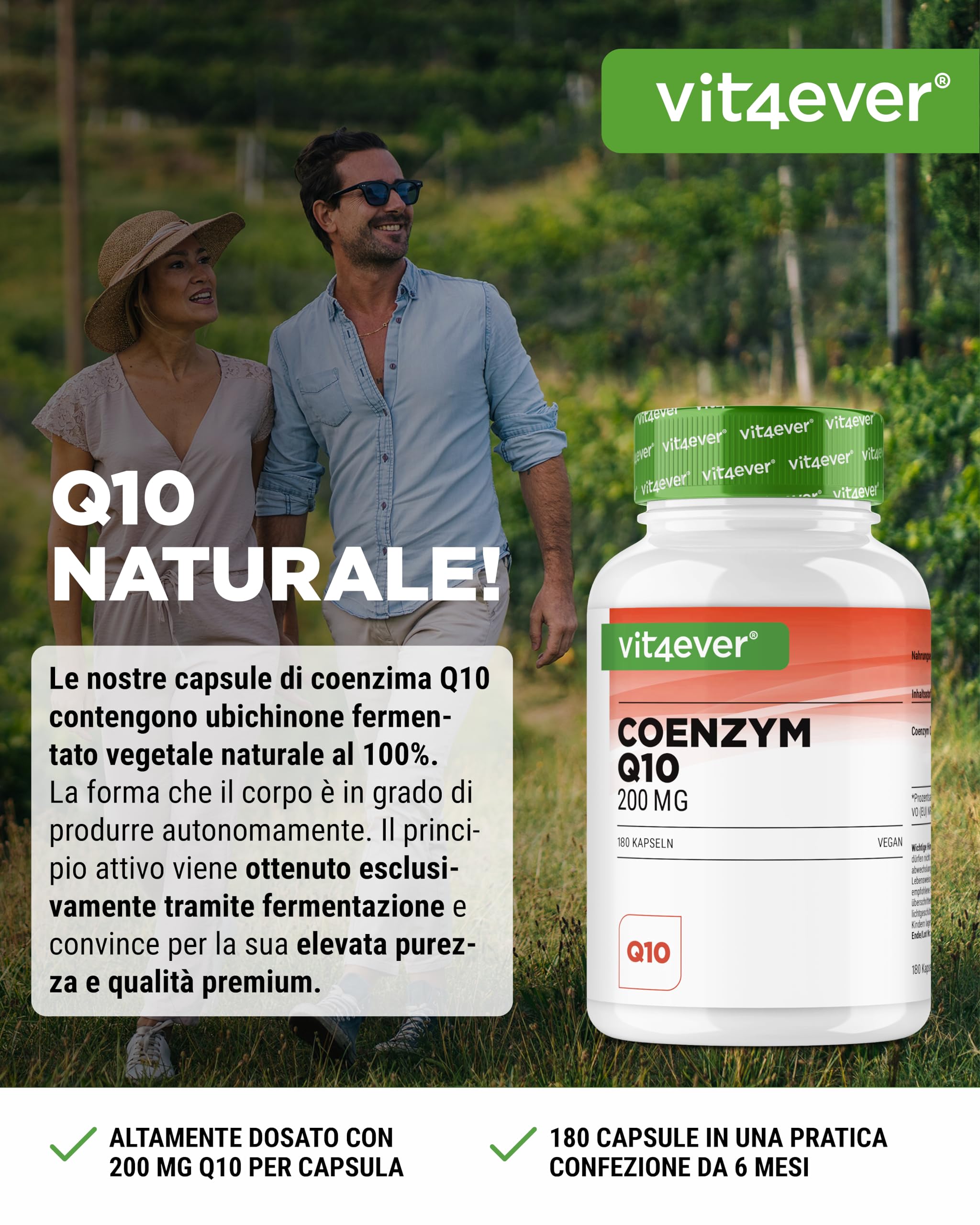 Coenzima Q10 con 200 mg per capsula - 180 capsule vegane - scorta per 6 mesi - Q10 di alta qualità - alto dosaggio, senza additivi inutili