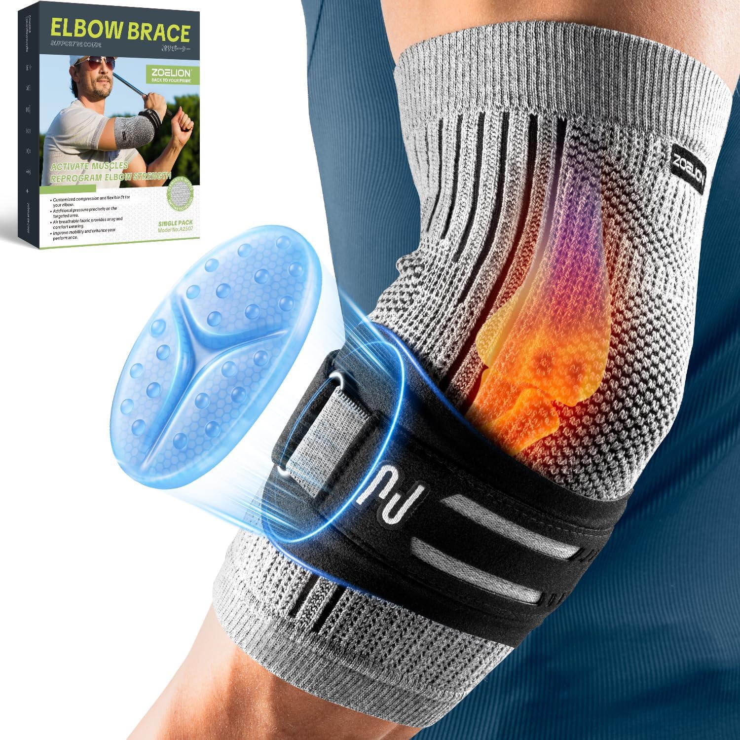 ZOELION Tutore per gomito a doppio supporto con fascia in silicone mirata e cuscinetto in gel, bendaggio per braccio del tennis, gomito da golf, tendinite, sport (grigio, S)