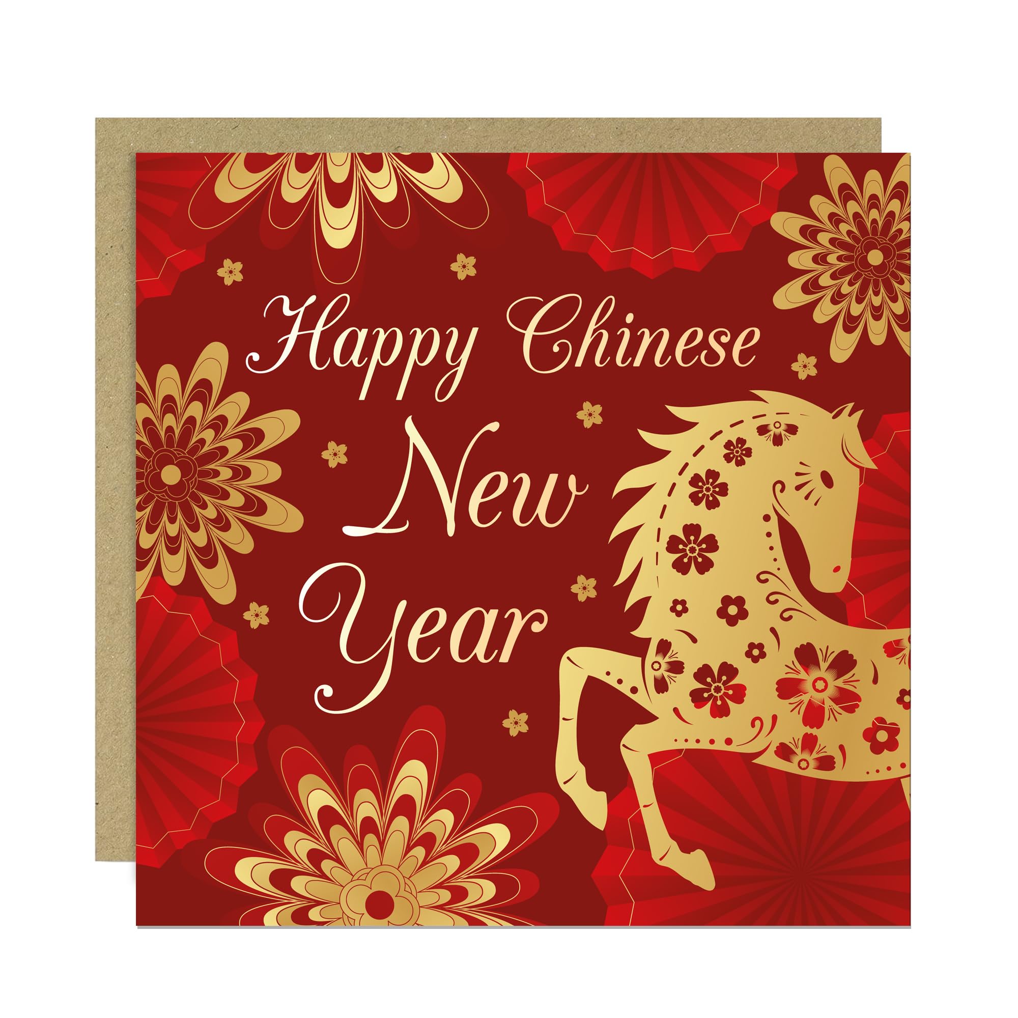 RED OCEAN Chinese New Year Card 2026 Luna Year of The Horse Cards For Friends Family Couple 145x145mm With Kraft Envelope Happy Luna Card