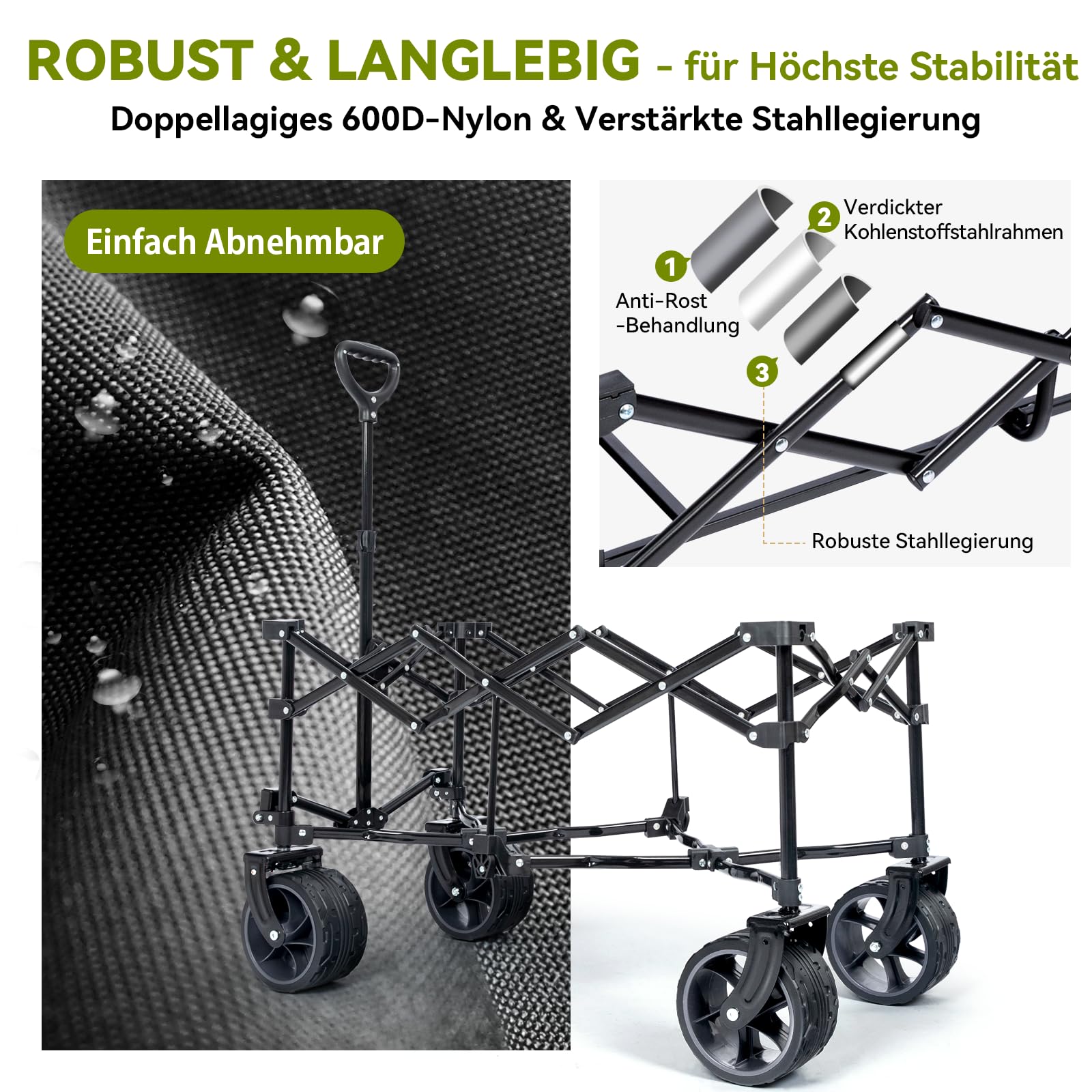 HIKENTURE Bollerwagen Faltbar 135L, Faltbarer Bollerwagen 150KG Belastbar, Transportwagen Klappbar mit Breiten Reifen, Klappbarer Handwagen mit Bremen, Faltbollerwagen Einkaufstrolley Schwarzgrau
